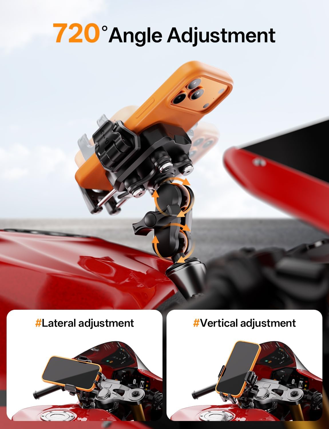Kewig Motorcycle Phone Fork Stem Mount with Vibration Dampener [Anti-Theft] [Camera Friendly] Cellphone Cradle Fits Stem Tubes 12mm-25.4mm in Diameter for Motorcycle Adjustable Size Fit 5.4-7.2" Phone