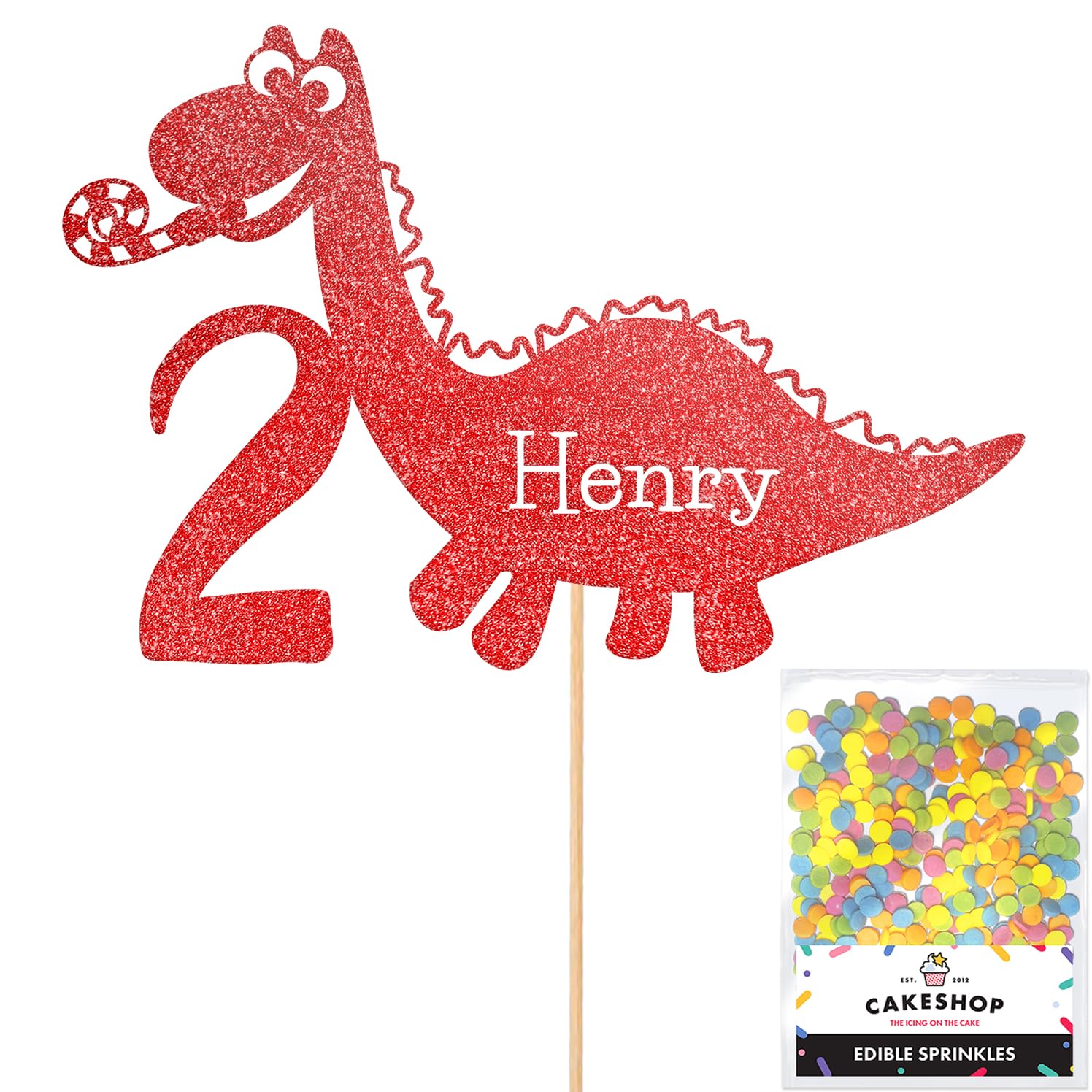 Personalised Birthday Dinosaur Glitter Cake Topper- Red Any Name & Age Glitter Cake Decoration and Sprinkles - Happy Birthday Decorations - Personalised Toppers for Cakes by Cakeshop — image 1