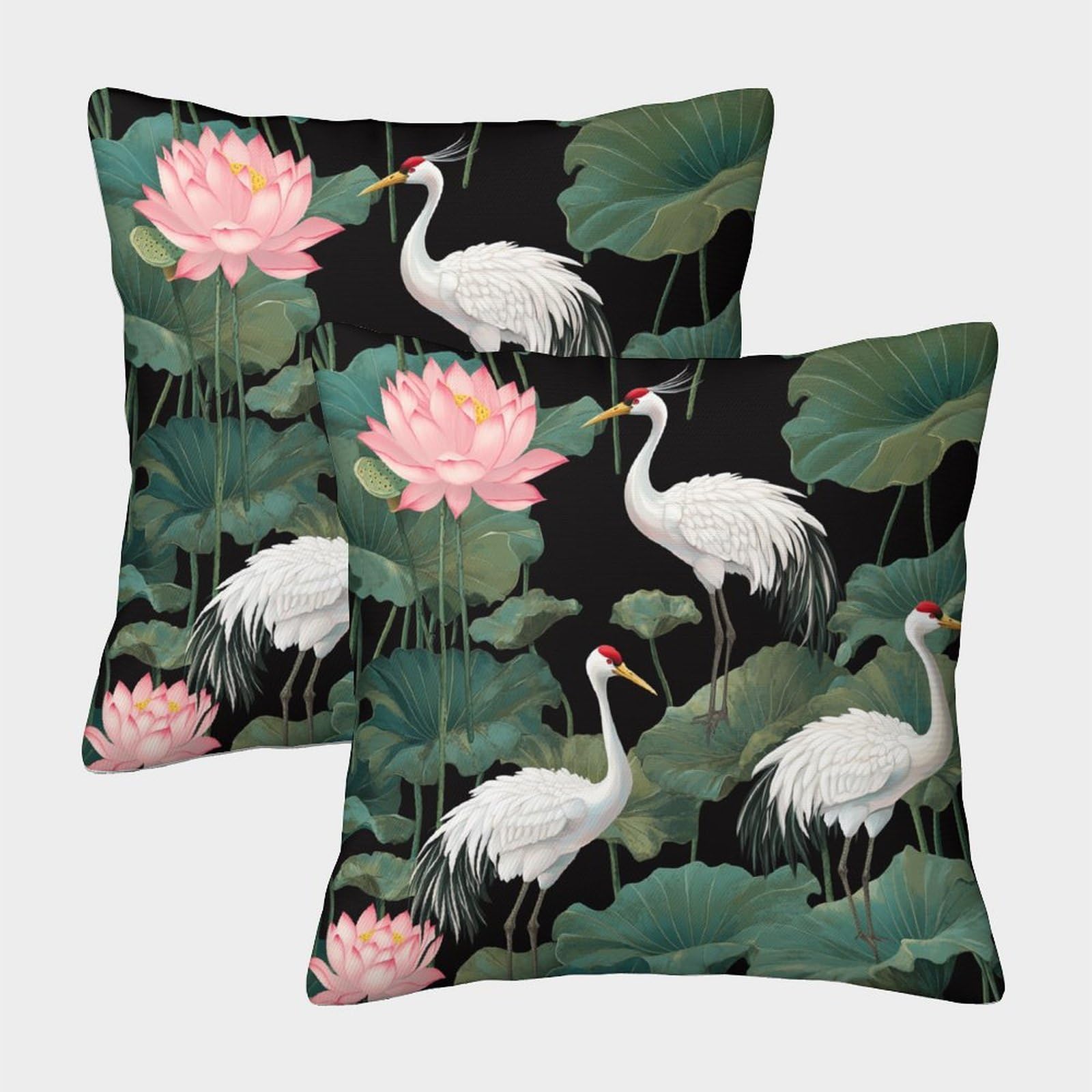 kaiyun 2 Pack White Crane，Pink Lotus And Green Leaves Pillow Case 45x45cm 3D Printing Cushion Cover,home Decoration Sofa Cushion