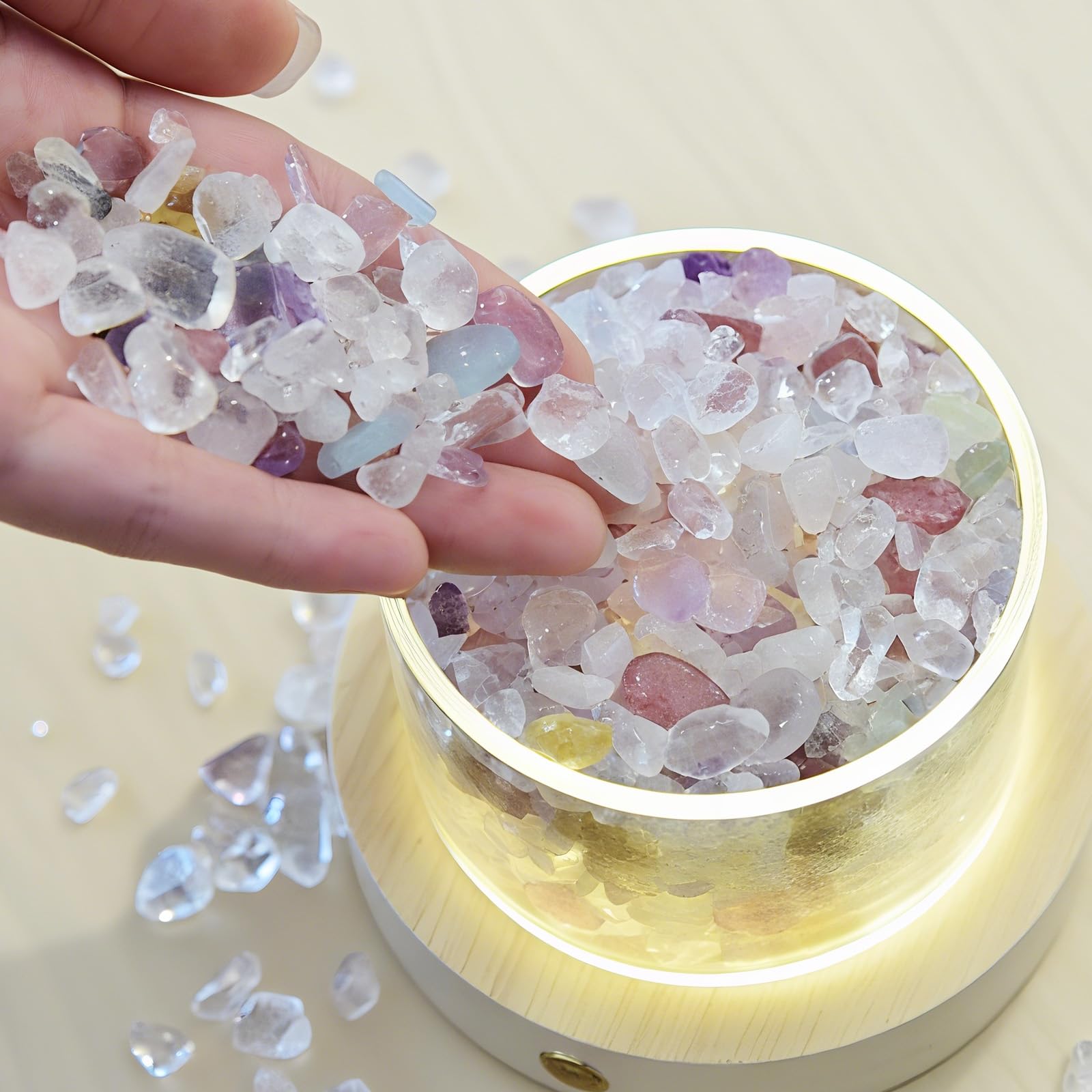 Set Pietre e Cristalli Chakra con Base Legno LED - Pietre Grezza Naturale, Regali Donna per Reiki e Meditazione Guarigione Yoga Riequilibrio Energetico Ufficio