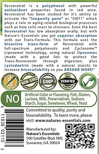 Miniatura 3 de Nature's Essentials Resveratrol 500mg  Trans-Resveratrol de espectro completo  Entrega liposomal de ciclosoma avanzado  Sin OMG, sin gluten,