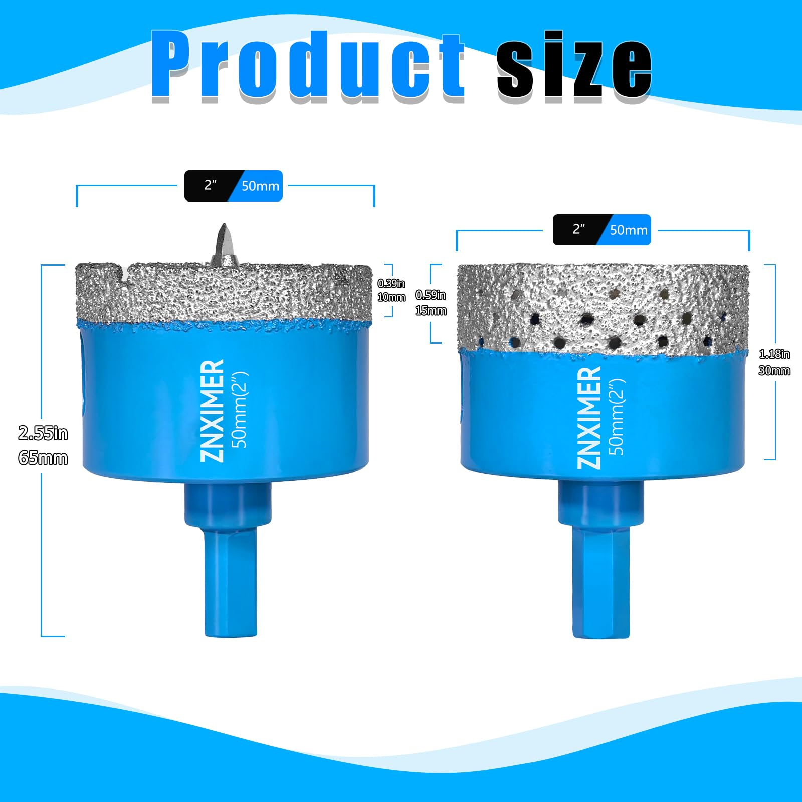 ZNXIMER 2pcs Diamond Hole Saw - 50mm Vacuum Brazed Tile Hole Cutter for Porcelain Ceramic, Glass, Marble and Granite Drilling - Image 2