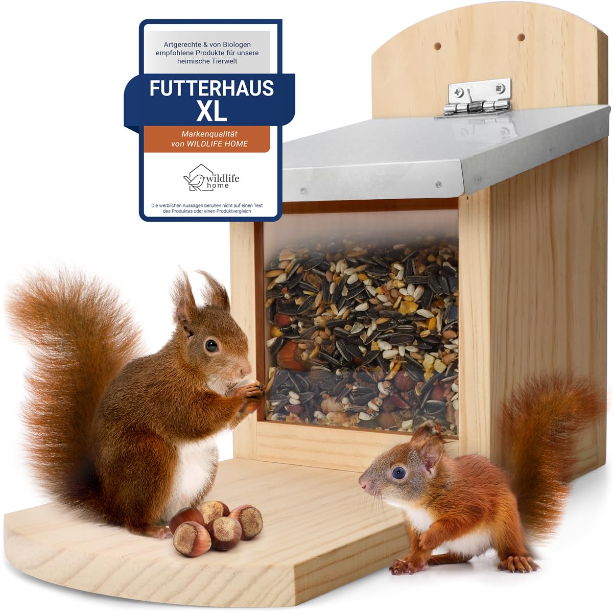 WILDLIFE HOME Comedero para ardilla XL con techo de metal, estación de alimentación de madera maciza atornillada, resistente a la intemperie y sin tratar, casa para ardillas