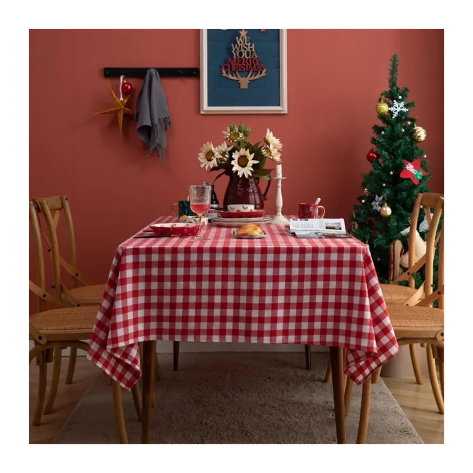 Mantel de Navidad Red Green Plaid Table Cloth Cotton Christmas Party Rectangle Tablecloth Dining Cover For Picnic BBQ Home Decor Mantel Mesa(Navy Red Plaid,140x250CM)