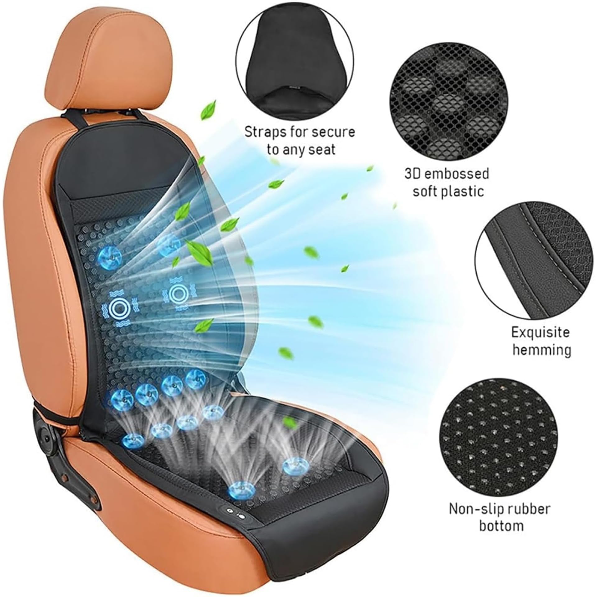 YIHANGG Coprisedile Auto Rinfrescante Sedile Anteriore, Cuscino per Sedile Auto Rinfrescante Ventilatocon Massaggio per Auto, SUV e Camion(12V - Cigarette Lighter Socket + USB,Black(24 Fans))