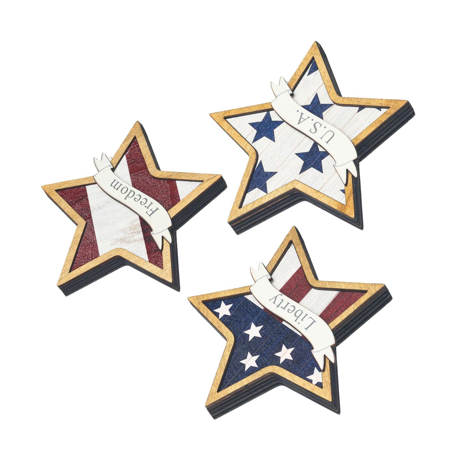 Tsophreniq Farmhouse Inspired Stackable Wood Star Decorations 3PCS in Red White and Blue for Festive Occasions Themed Ornaments