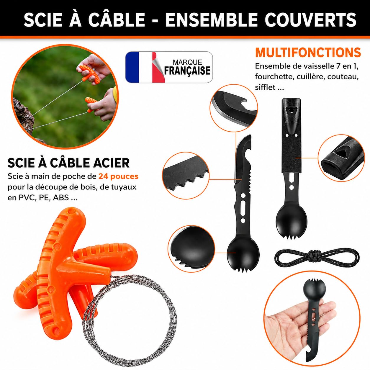 Kit de Survie Complet 17 en 1 Compact, Équipement de Survie d’Urgence conçu en France pour Randonnée, Bushcraft, Camping, Pince Multifonctions, Trousse de Secours, Boussole, Couverture de Survie