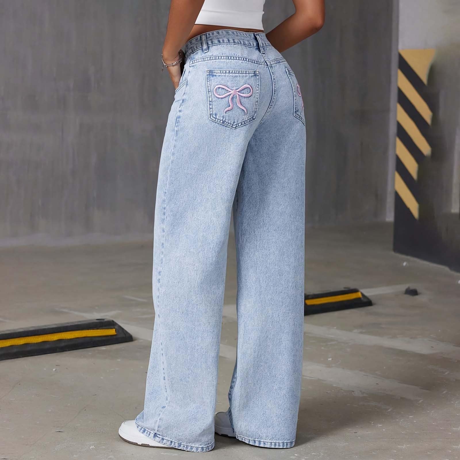 Pantaloni in Denim a Vita Alta Svasati per Ragazze Adolescenti con Tasche Posteriori Ricamate e Lavaggio a Fiocco di Neve, Design a Gamba Larga, Comodi Jeans Elasticizzati, Pantaloni Casual alla Moda