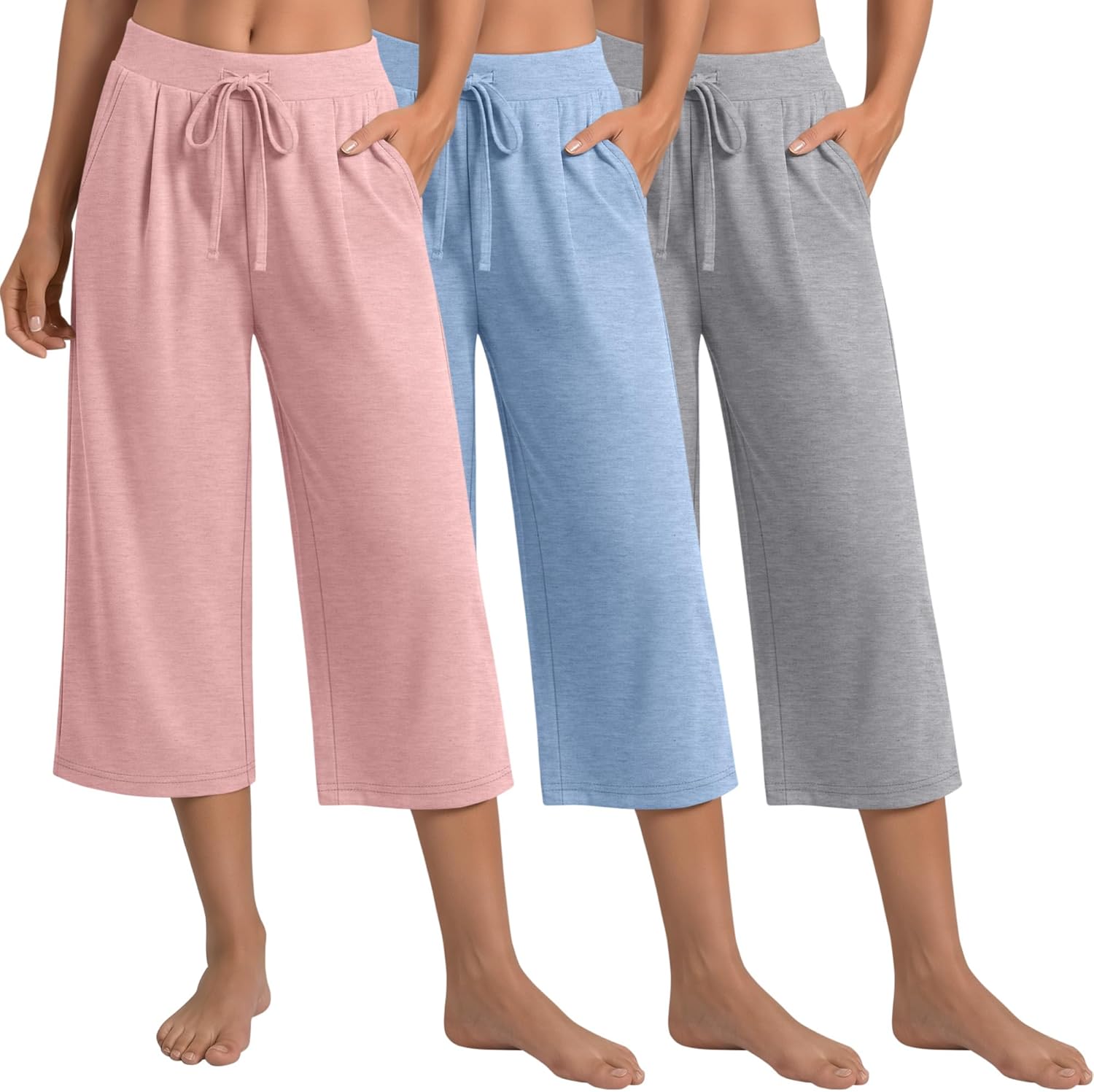 3 Pack Women's Capri Pants, Casual Wide Leg Yoga Pants High Waist Drawstring Cropped Lounge Trousers with Pockets
