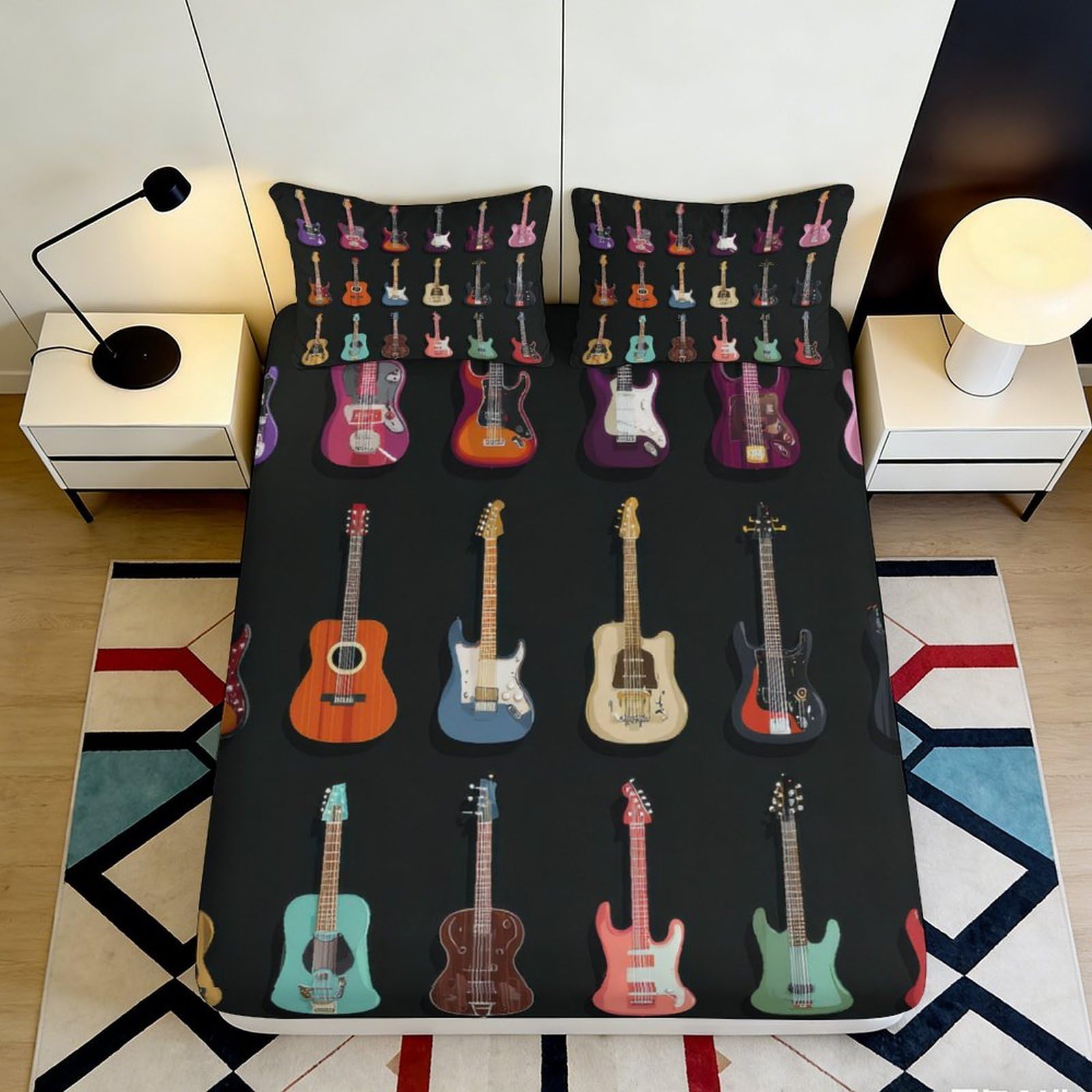 3D Printed Colorful Guitar Fitted Sheet Microfiber Soft Breathable Music Instrument Bed Cover for Bedroom Dorm Décor 90x200x25cm