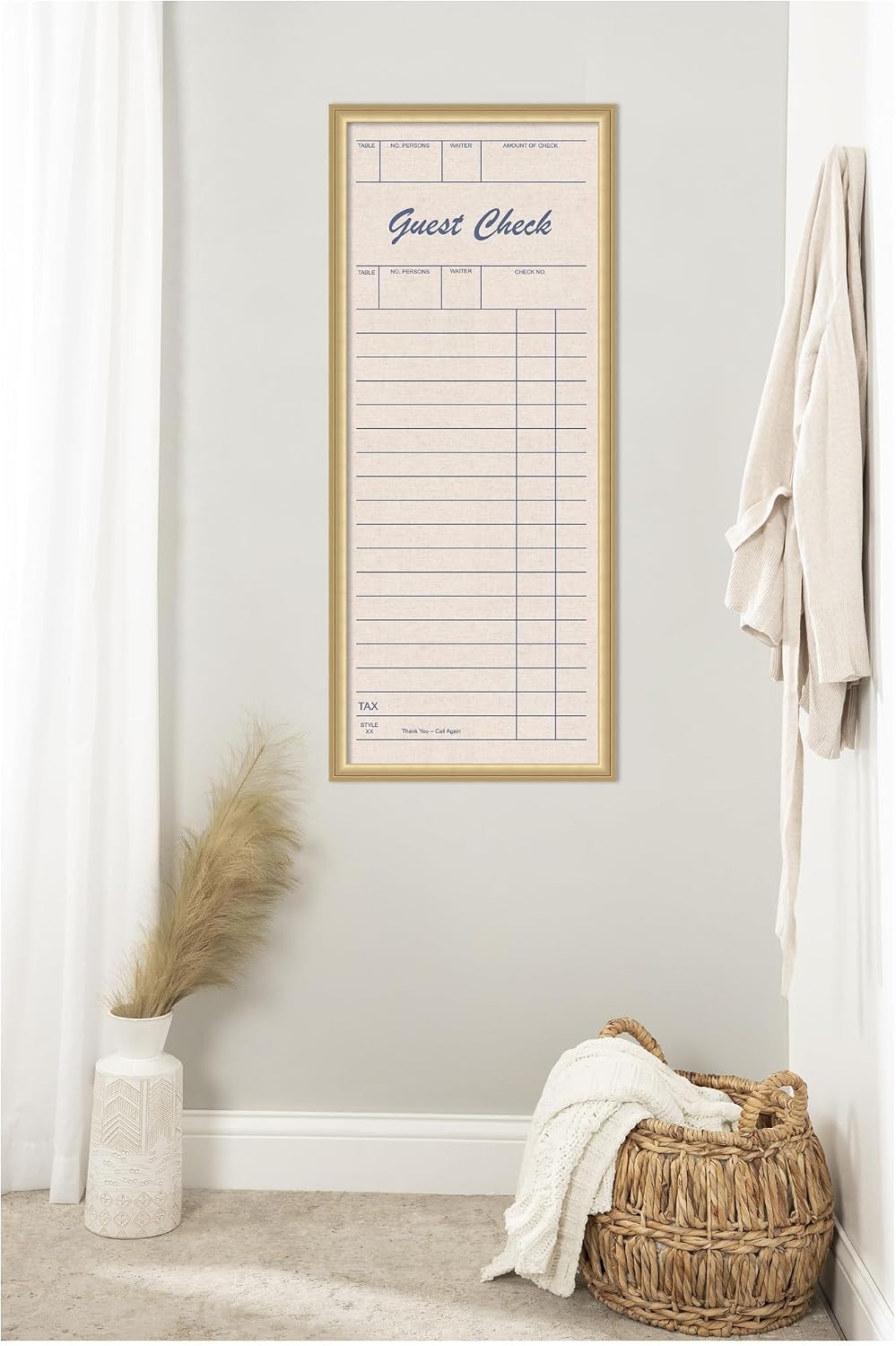 Kate and Laurel Framed Fabric Pinboard 18 x 42, Linen Guest Check Printed Linen Classic Bulletin Board for Use as a Vision Board or Wall Organization, Florence Gold Frame