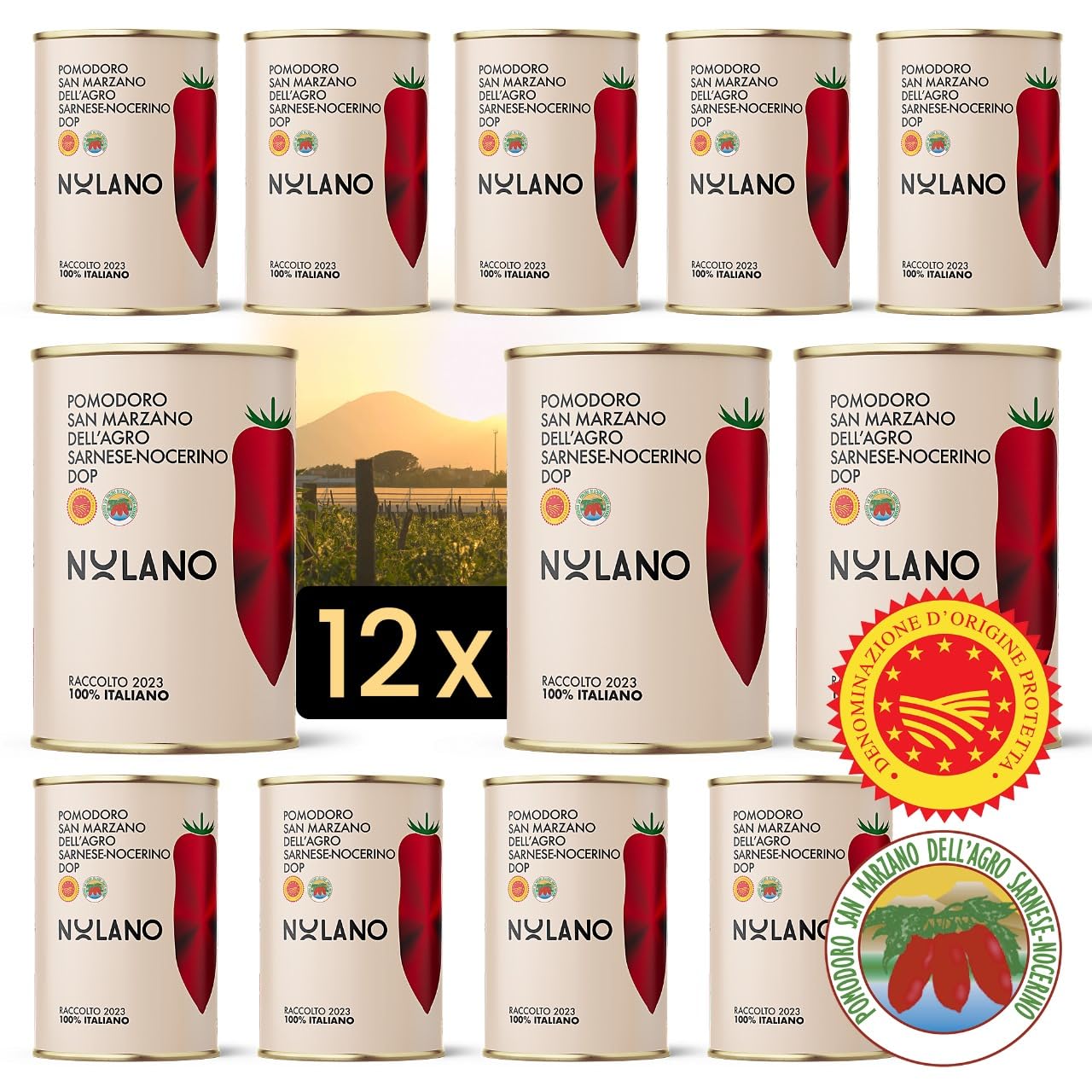 DELICRET - 12x 400g NOLANO Tomate San Marzano DOP en lata | enteros y pelados | los auténticos tomates para pizza | la reina de los tomates (12x 400g)