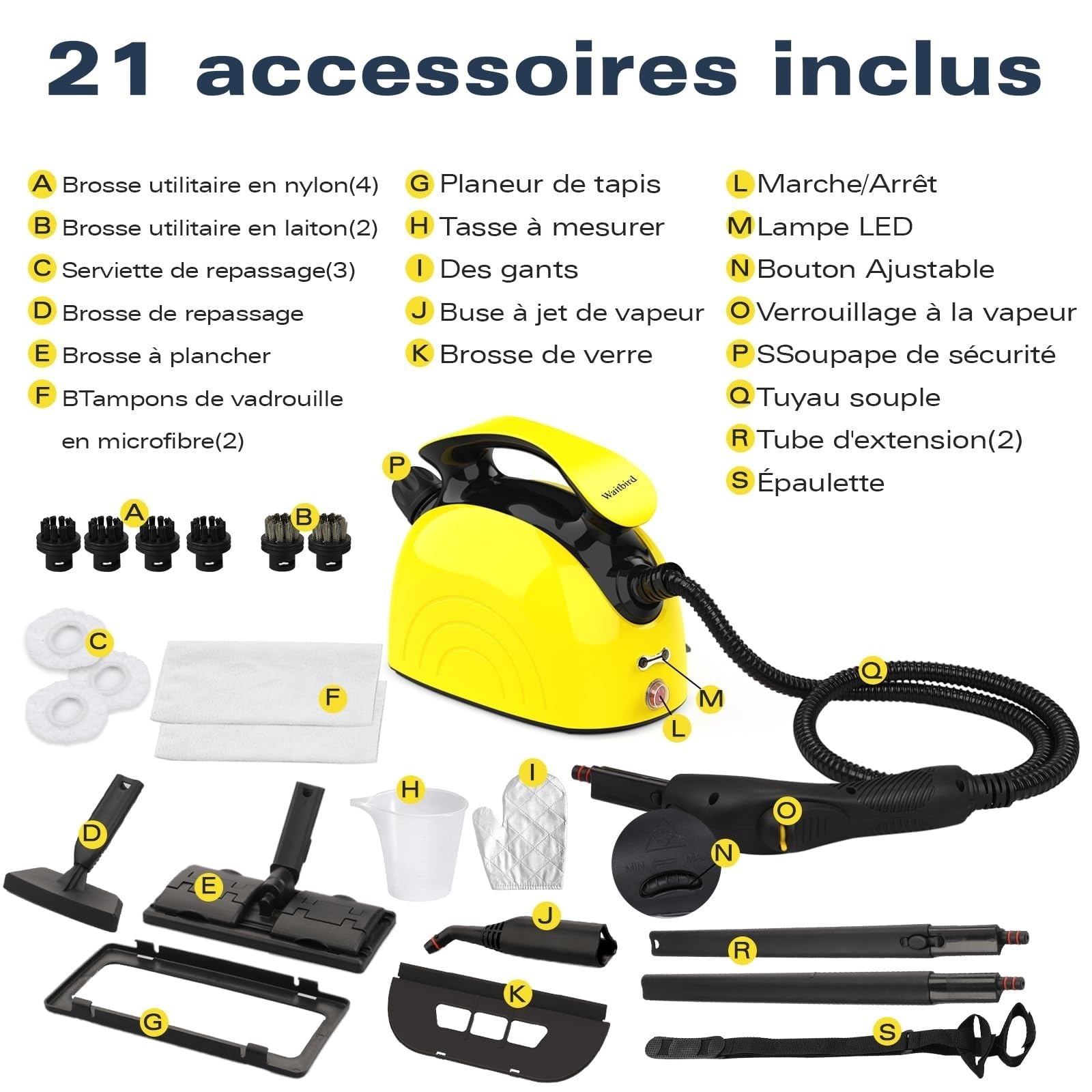 Waitbird Nettoyeur vapeur multi-usages pour tous les accessoires de 21 pièces, nettoyer, meubles rembourrés, canapé, carrelage, sol, fenêtre, voiture, rembourrage