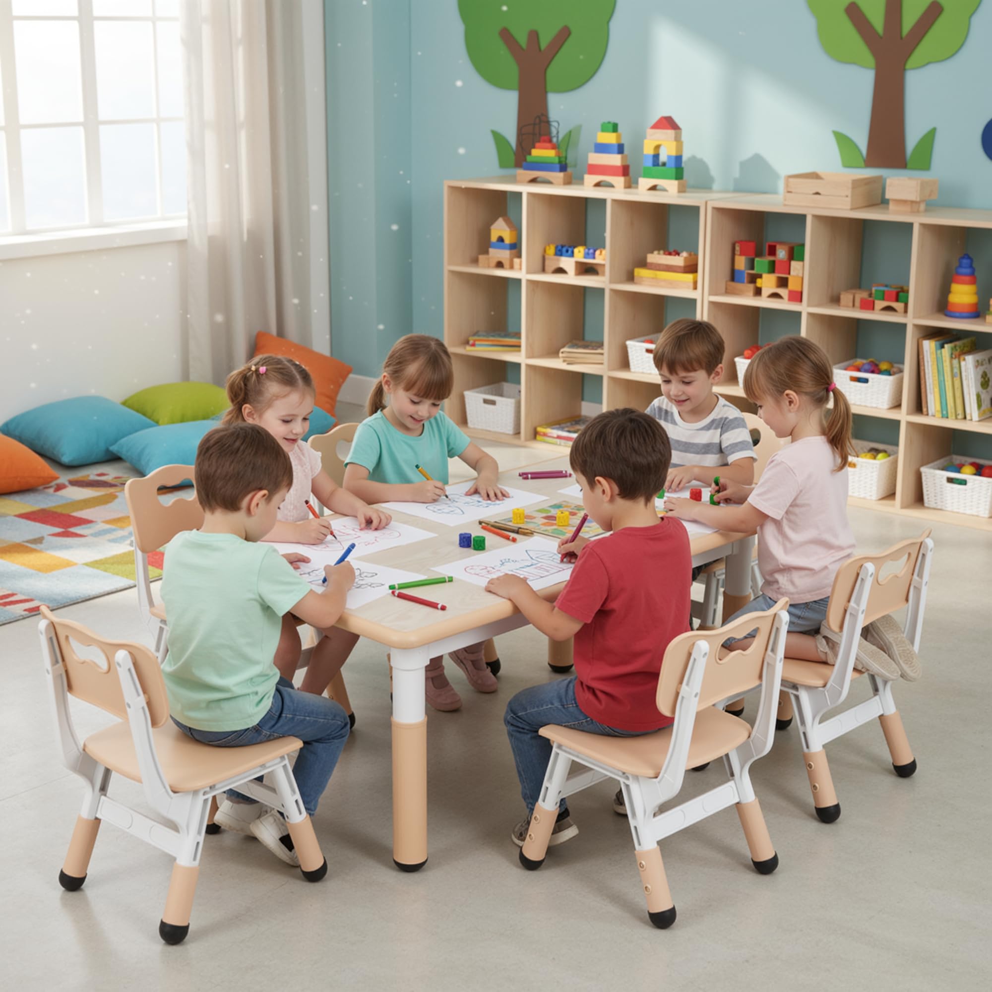 MAMIZO Table pour Enfant avec 6 Chaises, Ensemble de Table pour Enfants réglable en Hauteur, Meubles en Plastique, Table de Peinture pour Garçons et Filles à partir de 2 Ans, Jaune