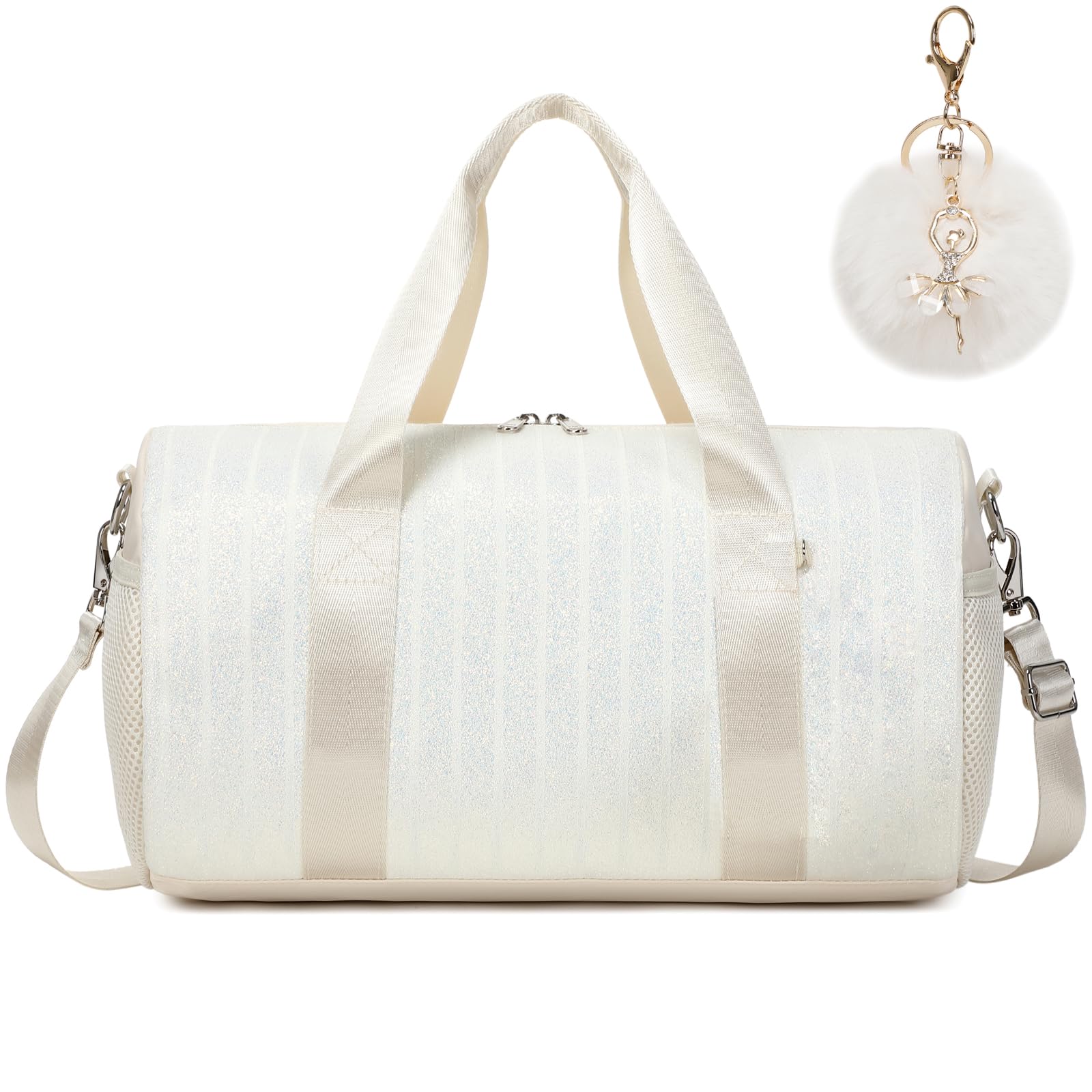 Dance Bag for Girls Dancers Ballet Bag Shiny Glitter Sports Gym Duffle for Little Girls Ballerina Duffel with Shoulder Strap and Furball Pendant