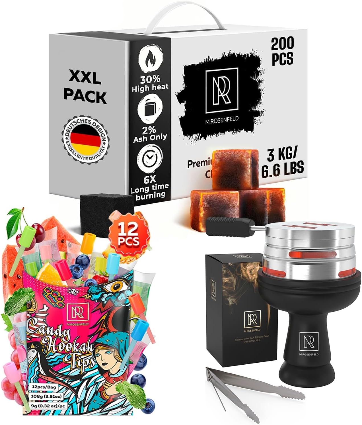 Hookah Coals Coconut Hookah Charcoal – 200 Count - Candy Hookah Tips - 12 pcs Glow in The Dark Jolly Tips - Hookah Bowl Set Silicone