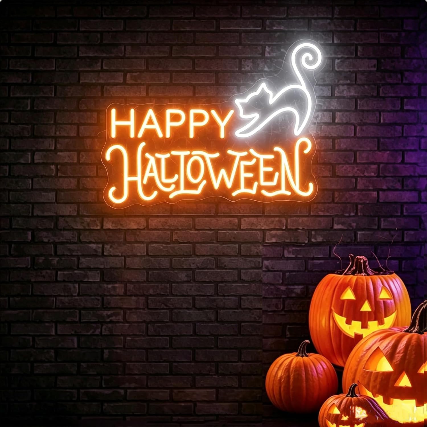 Happy Halloween Neon Sign, 15" x 10" Dimmable LED Neon Light, White Spooky Cat Wall Decor, USB Powered Halloween Party Art for Indoor Home Bedroom