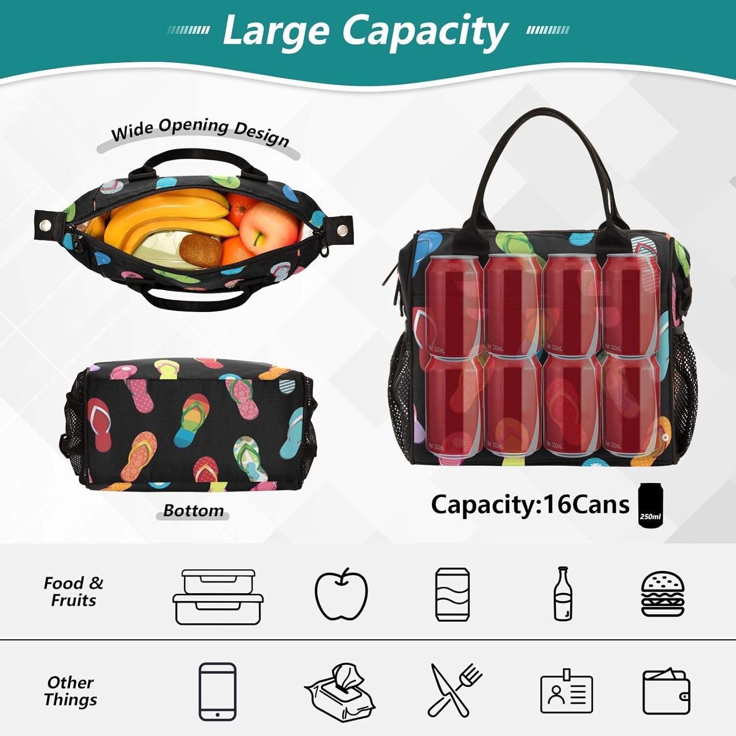 Colorful Flip Flops Lunch Bag Reusable Lunch Box for Office Picnic Hiking Beach, Insulated Cooler Tote Food Container with Adjustable Shoulder Strap for Men Women Adults