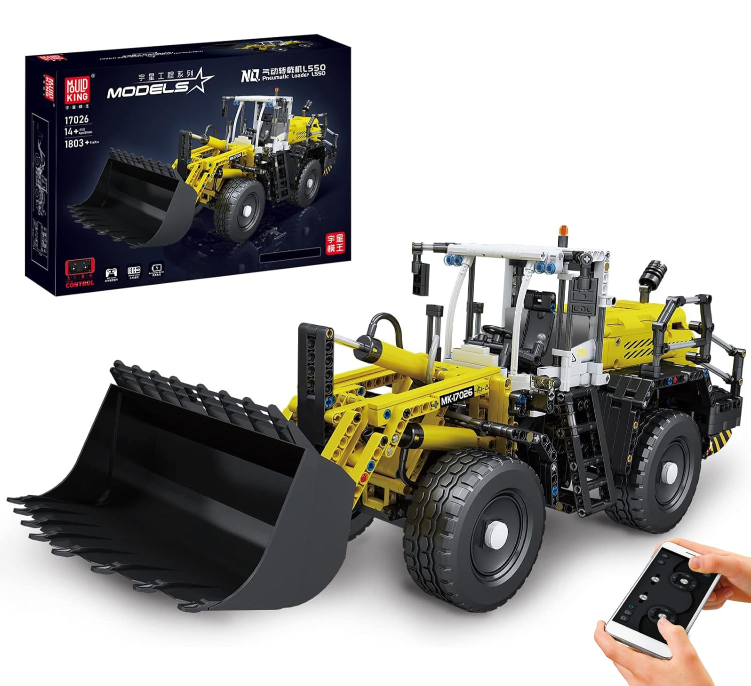 Mould King 17026 Technology Bulldozer L550 Model, 1803 Parts, Remote Control, Motorized Hydrostatic Loader, Pneumatic Loader, Clamping Blocks Kit