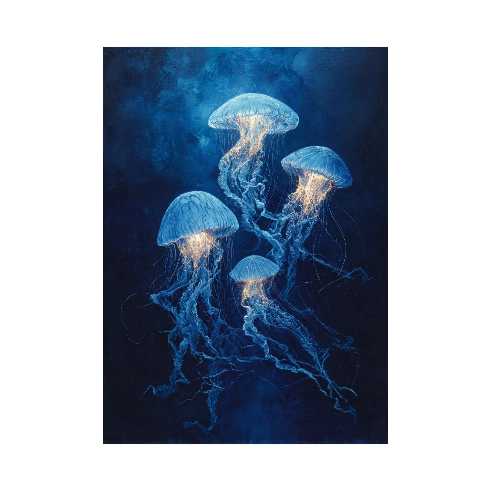TERUEA Funny Bathroom Wall Art Decor, Four Blue Jellyfish Deep Sea Picture for Bathroom Bathing Animals Humor Abstract Decor(Blue)-80x120cm Unframed