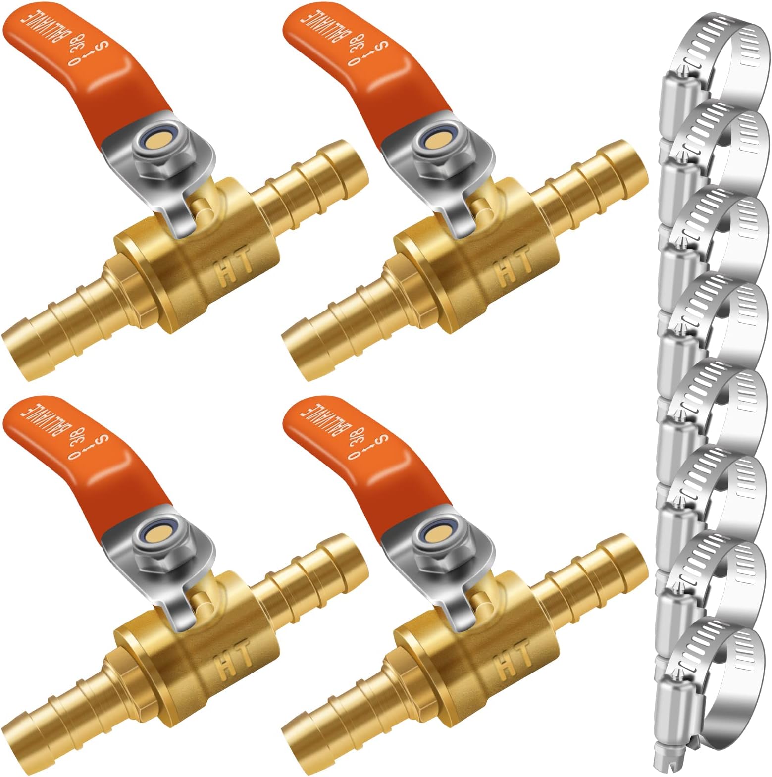 Horiznext3/8 inch mini 2 way brass barb air ball valve for water gas fuel shut cut off 10mm pex tubing, (4 pcs in pack)