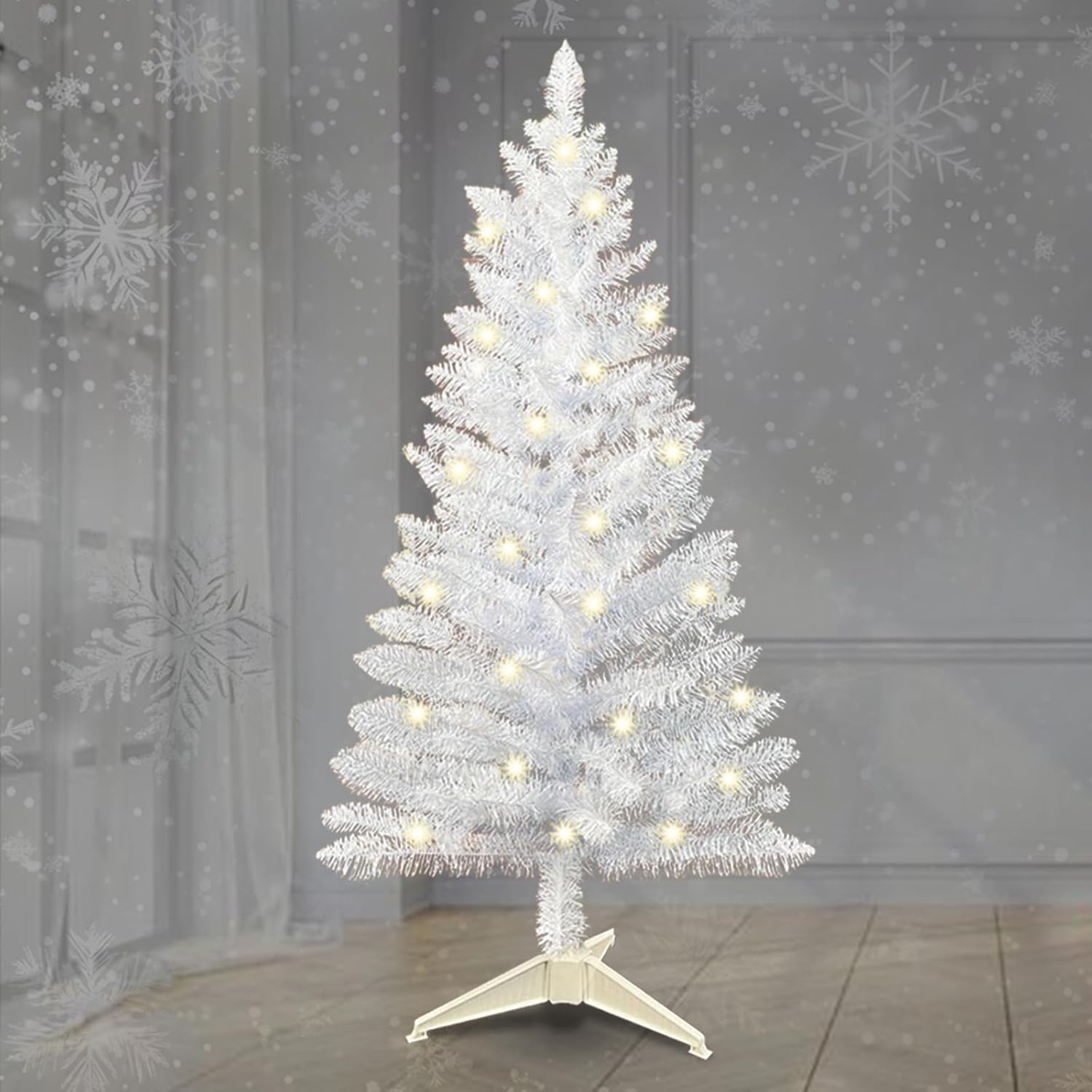 4 ft prelit artificial white christmas tree with lights, small xmas tree decoration, easy assembly for indoor and outdoor, pine skinny trees warm lightsm for home, office party décor