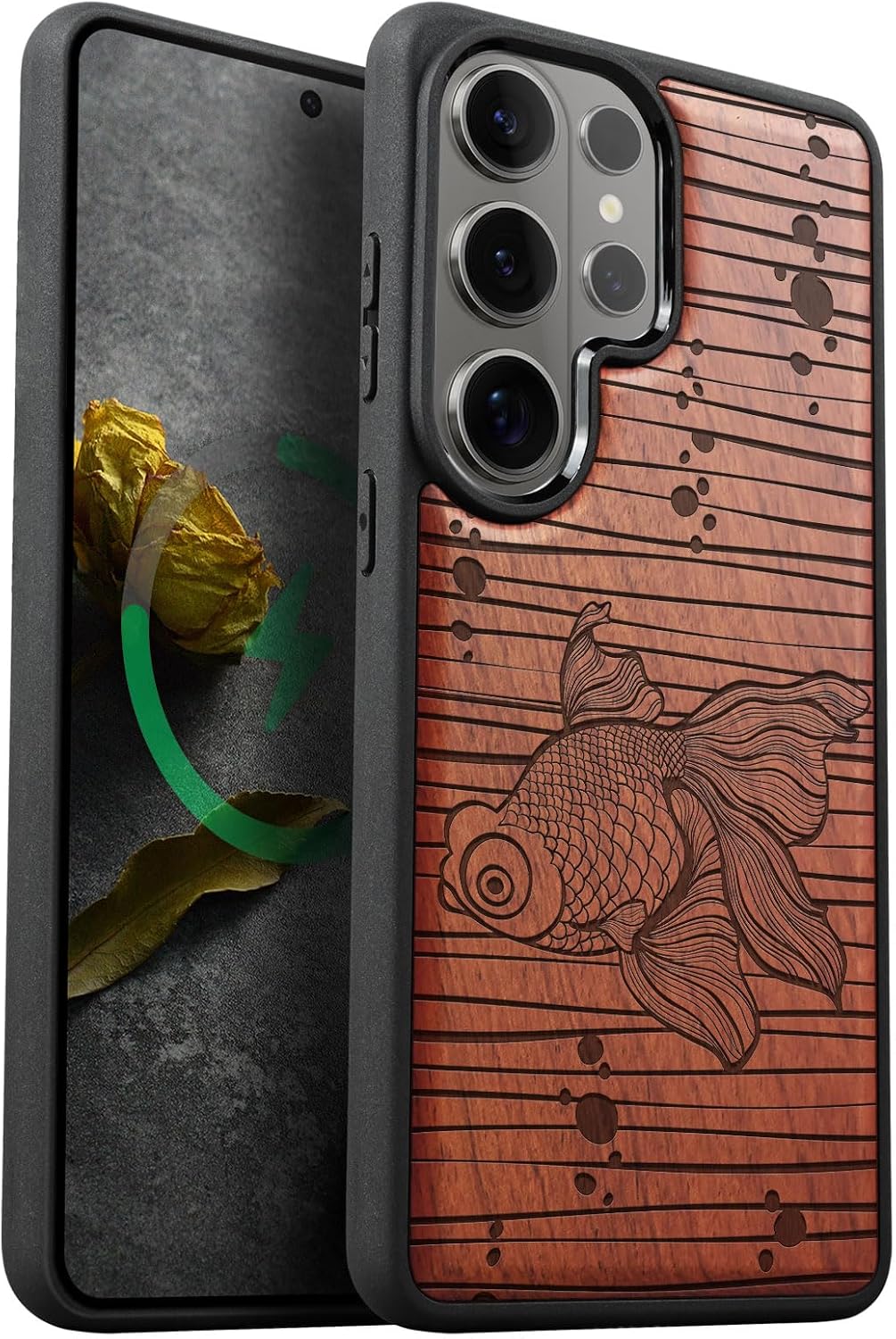 Carveit Magnetic Wooden Case for Samsung Galaxy S26 Ultra Case 2026, TPU Shockproof Cover & Wood Artisan Engraved, Compatible with MagSafe Wireless Chargers (Serene Swim in Abstract Waters) Rosy