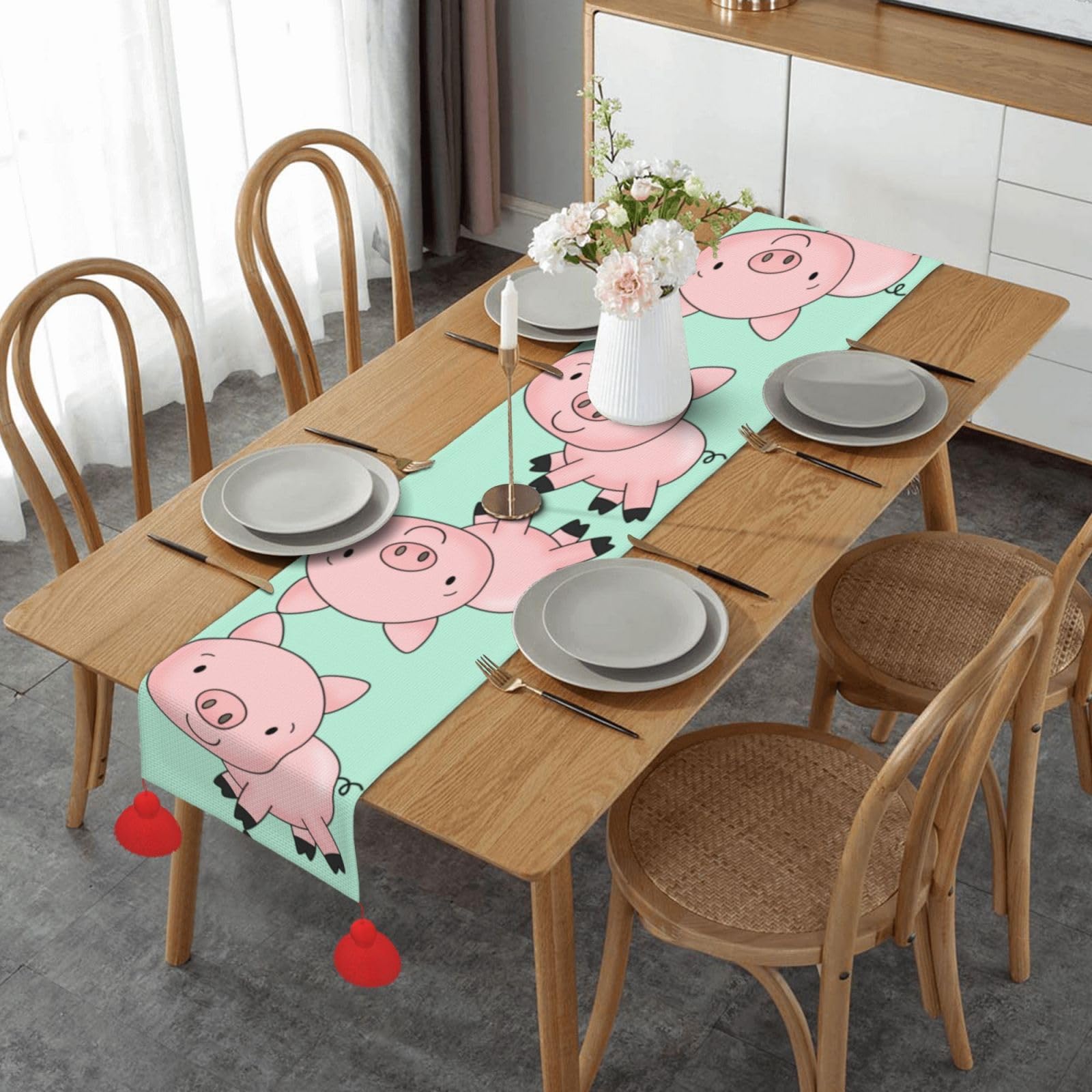 Chemin de table cochon haut de gamme 152 cm avec pompons de décoration