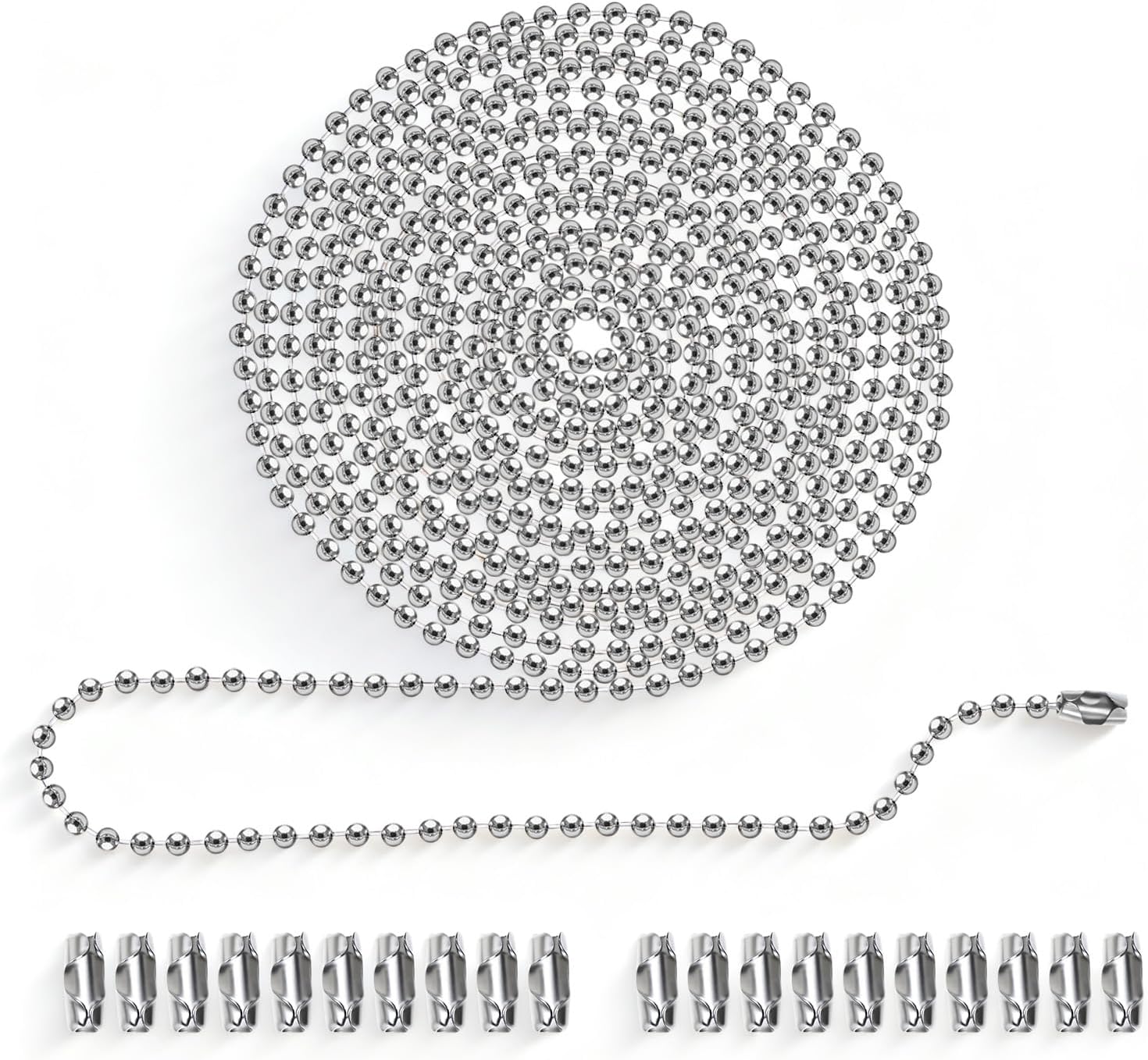 Silver Ceiling Fan Pull Chain 120" Extra Long Rust Proof 3mm Beaded Ball Light Pulls Extension Chains with 20pcs Connectors