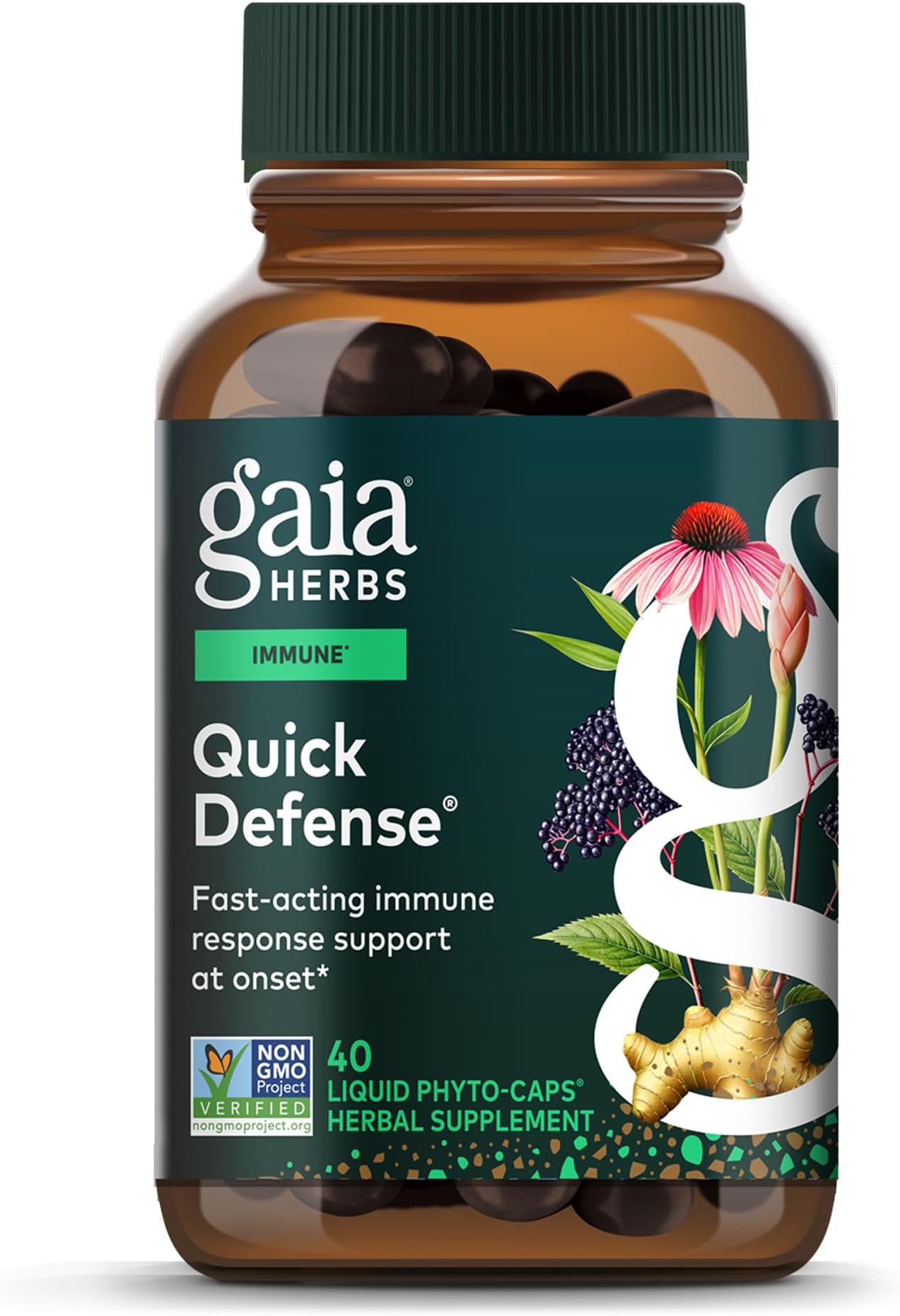 Quick Defense - Fast-Acting Immune Support Supplement* - Echinacea, Black Elderberry, Ginger & Andrographis - 40 Vegan Liquid Phyto-Caps (20 Servings)