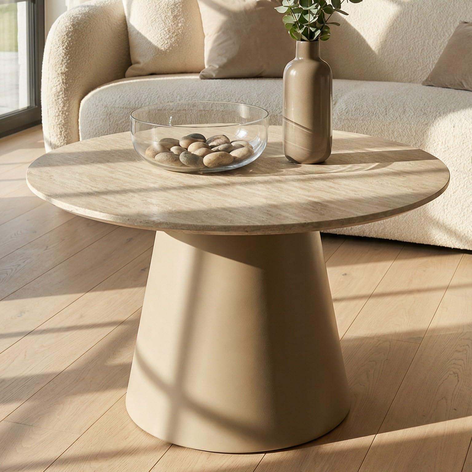 Furnhouse Tango Table basse ronde aspect travertin, beige, MDF, Ø 60 x 40 cm, design scandinave