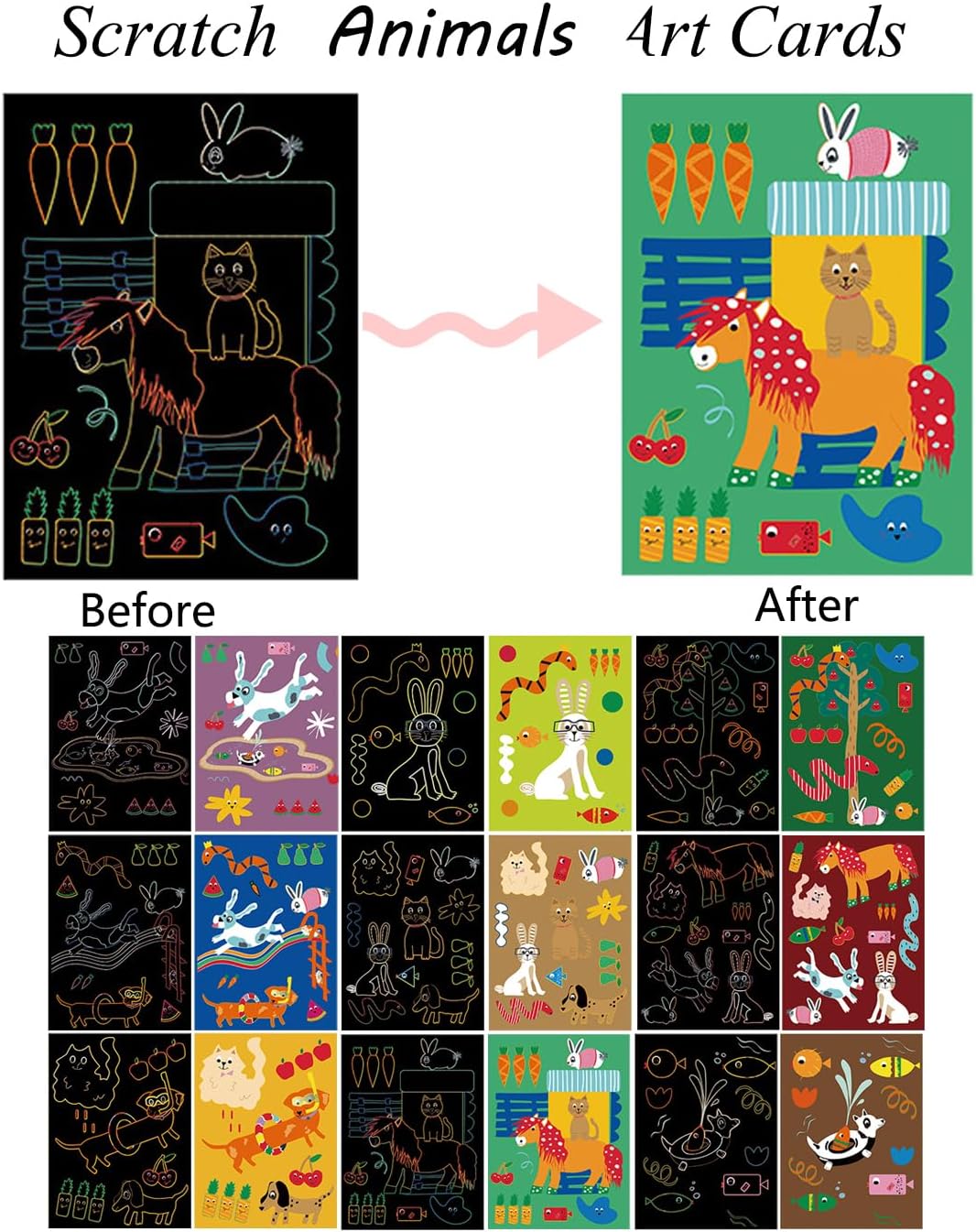 SuyuanArt Animal Scratch Art Cards and Black Rainbow Scratch Paper Set, with Drawing Stencil,Scratching Wooden Sticks etc,Scratch Off Picture for Kids Girls Boys Toy Halloween Christmas Gift