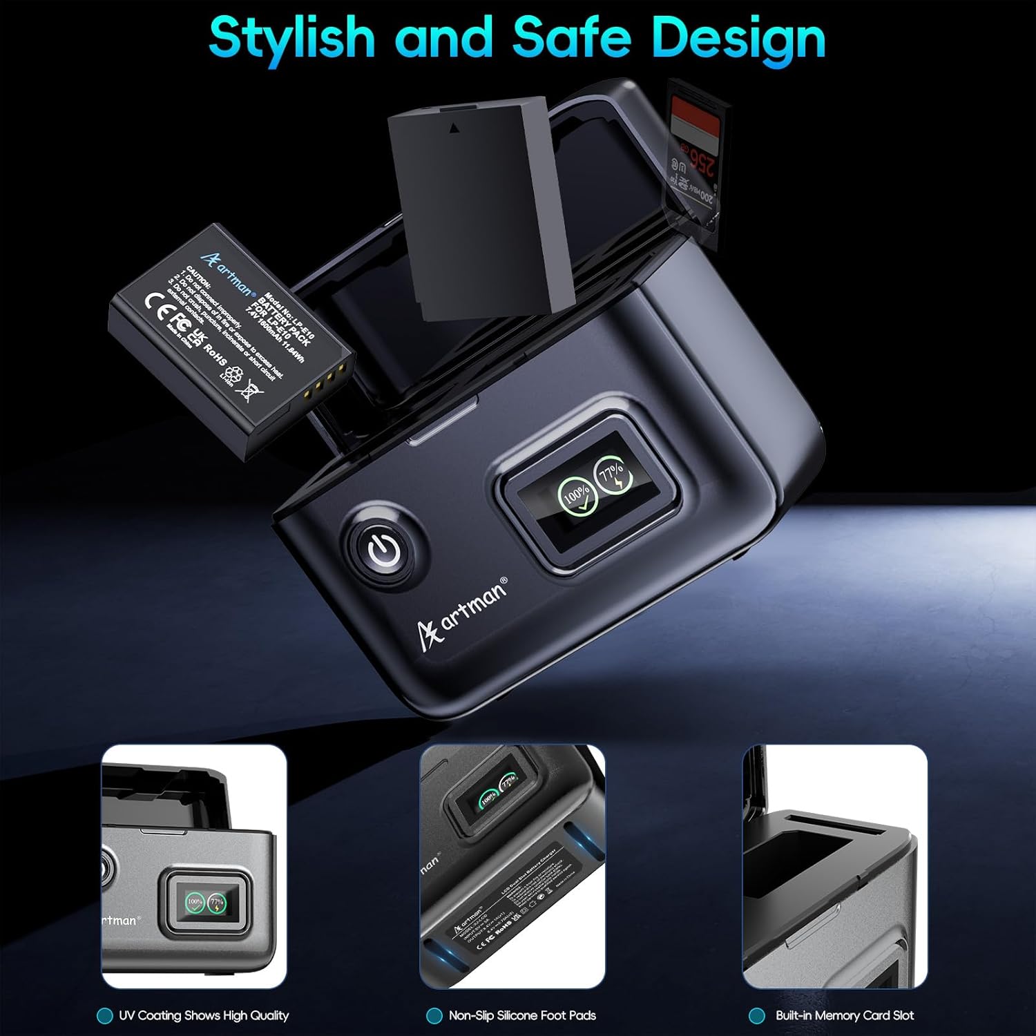 Artman LP-E10 Battery 1600mAh 2-Pack and 1.5H 2-Slot LCD Charger for Canon EOS Rebel T7 T6 T5 T3 T100,Kiss X50 X70 X70 X80 X90,EOS 1100D 1200D 1300D 1500D 2000D 3000D 4000D Camera, Battery Percentage