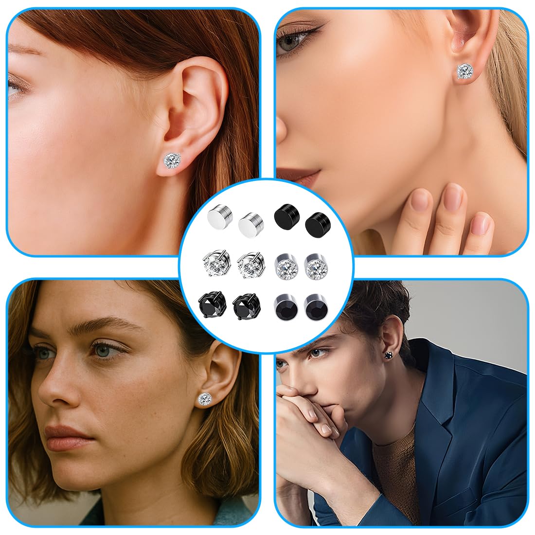 6 Paia orecchini uomo, Orecchini senza buco, Orecchini calamita, 6mm