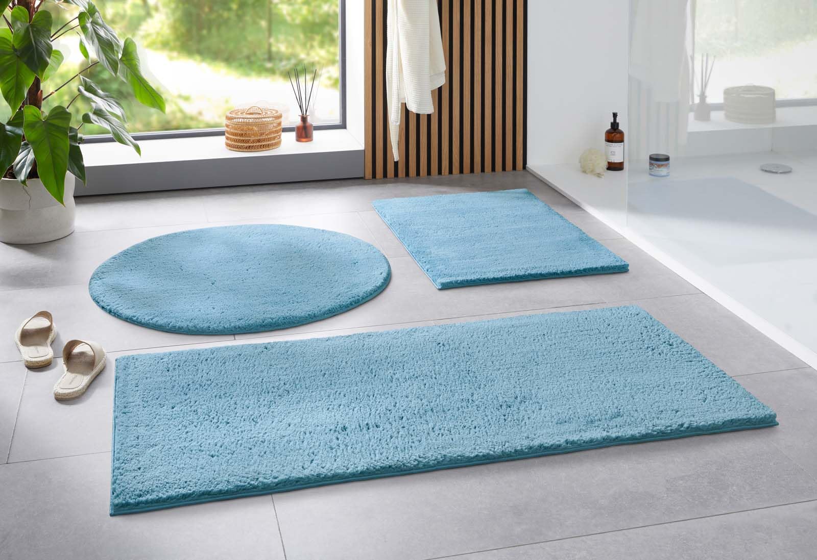 Taracarpet Badematte Uni Boho rutschfest, waschbar, Badezimmer-Teppich, Bad-Vorleger, WC Deko, Duschvorleger für Dusche und Badewannen weich und als Set kombinierbar New Hellblau 060x120 cm