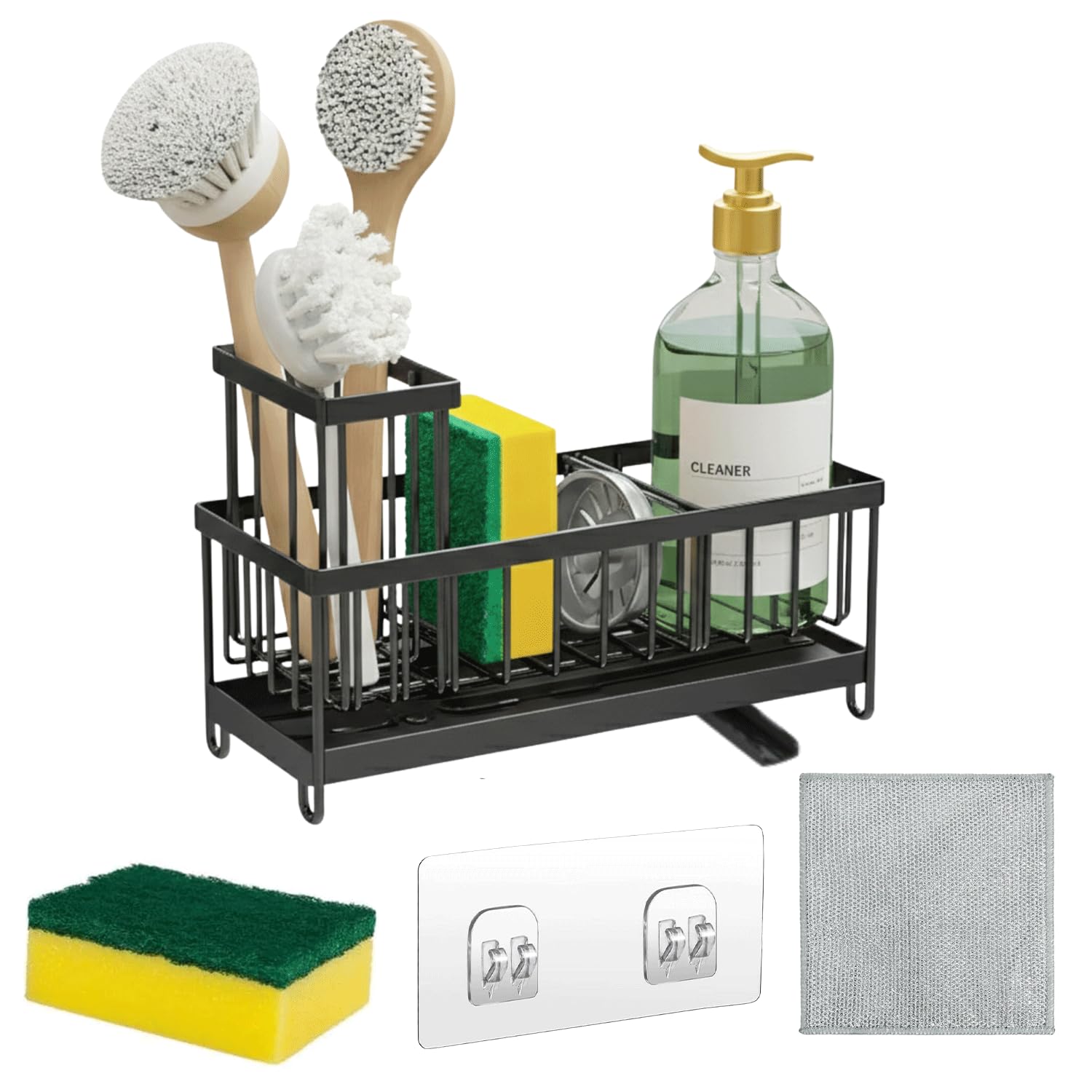 5 in 1 Kitchen Sink Caddy Organizer Rustproof Stainless Steel Sink Caddy with Washing Cloth Adhesive Hooks Kitchen