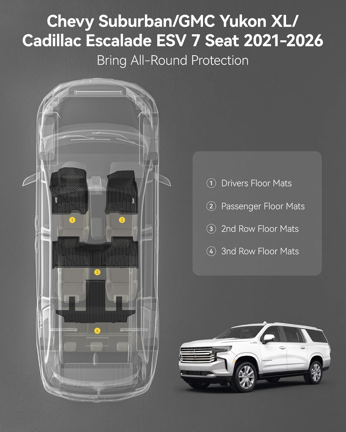 3W Floor Mats Fit for 2021 2022 2023 2025 2026 Chevy Suburban/GMC Yukon XL/Cadillac Escalade ESV 7 Seat, TPE All Weather Custom Fit Car Accessories Full Set Car Liners for Bucket Seat - Image 2