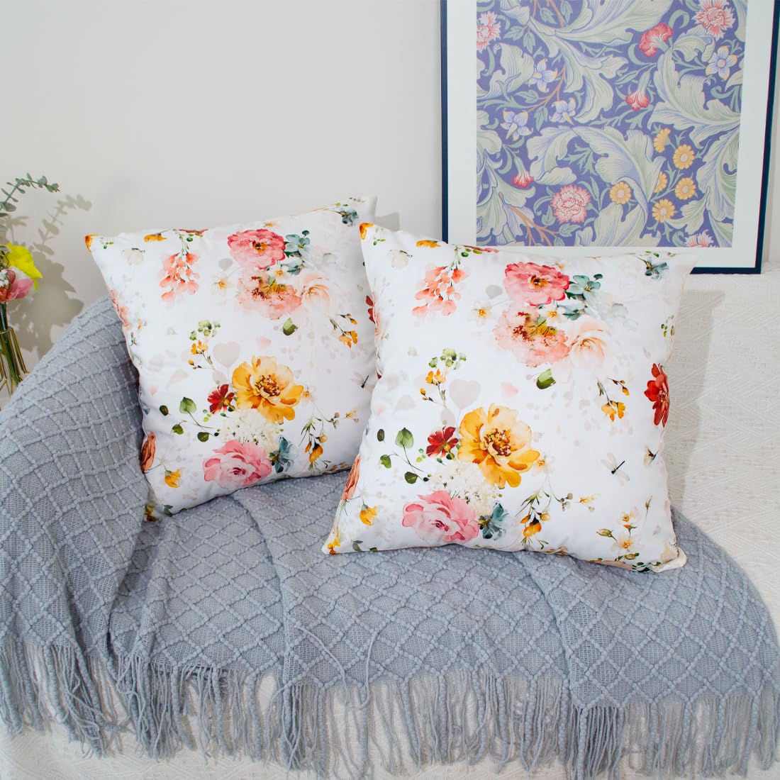 DILOXNSU Set of 2 Cushion Cover 50cm x 50cm Modern Watercolor Floral Double-Sided Soft Velvet Home Decorations Square Pillowcases for Sofa Bed Couch Outdoor Throw Pillow Covers 20x20 Inches - Image 2