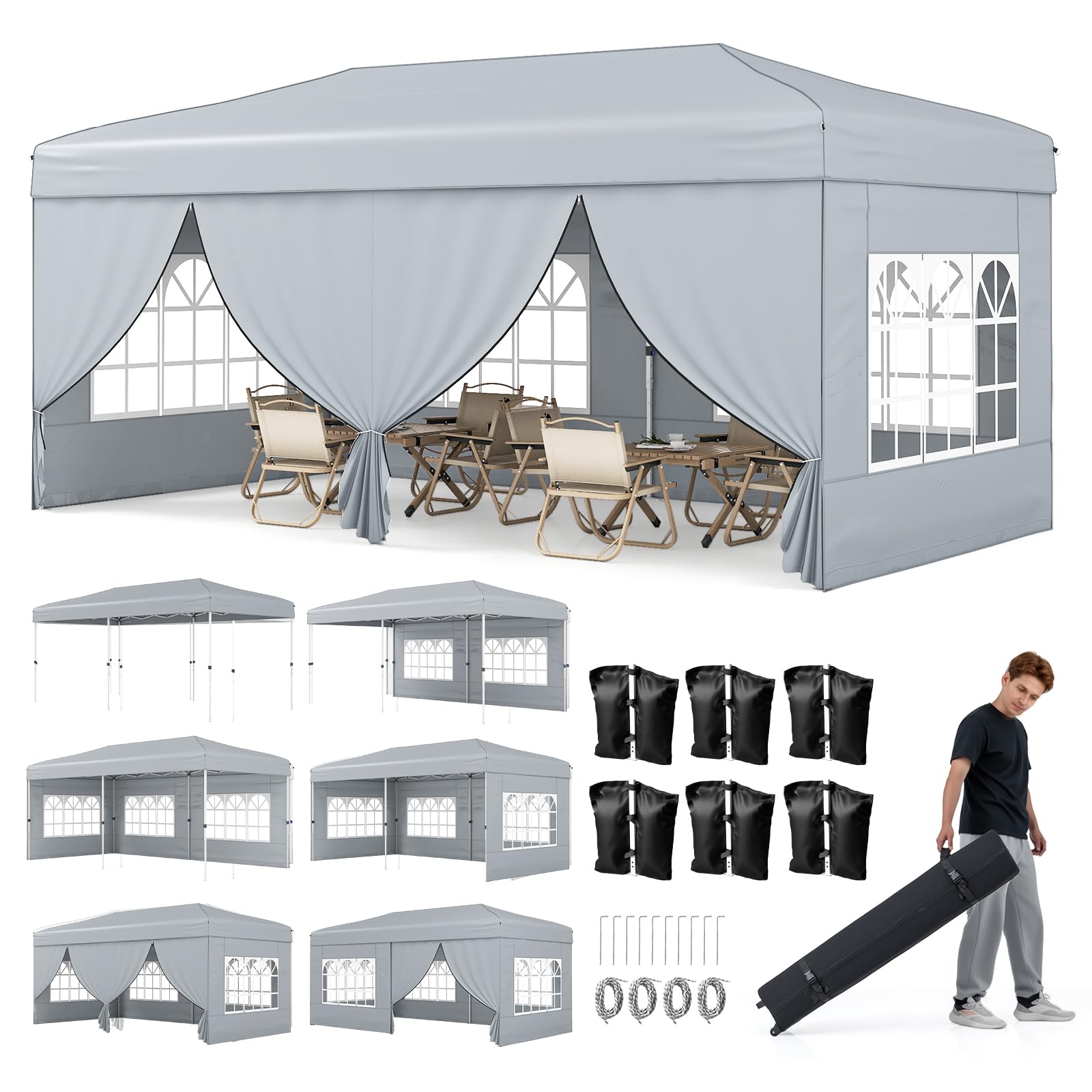 COSTWAY 3m x 6m Pop Up Gazebo, Outdoor Garden Shelter with 6 Sidewalls and Carrying Bag, UPF50+ Waterproof Marquee Party Tent Wedding Awning Canopy (Grey, 600 x 300 x 250-270 cm)