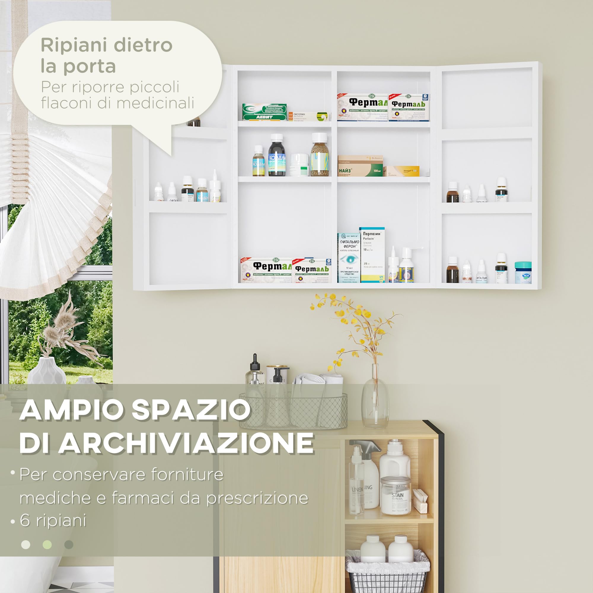 kleankin Armadietto Medicinali a 6 Ripiani con Serratura e 2 Chiavi di Sicurezza, Mobiletto Medicine in Acciaio, 55x18x60 cm, Bianco