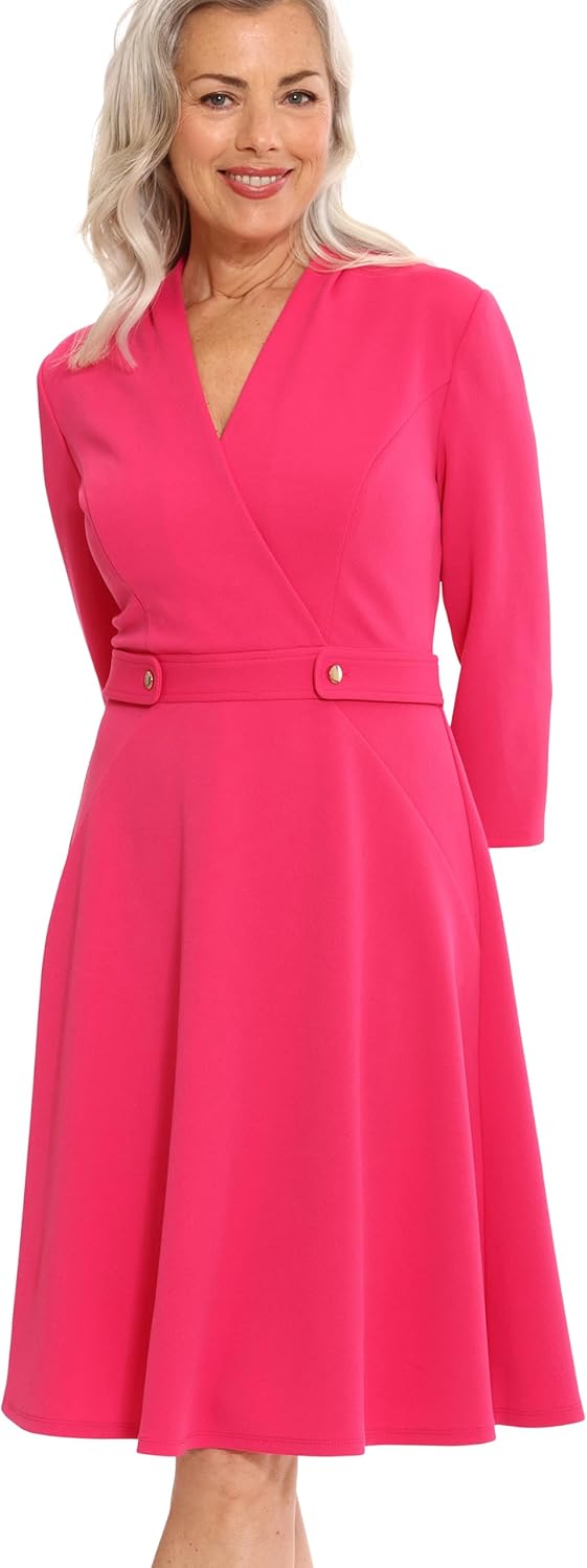 London Times Womens Crepe Fit and Flare Midi with Waist Button Detail - Image 2