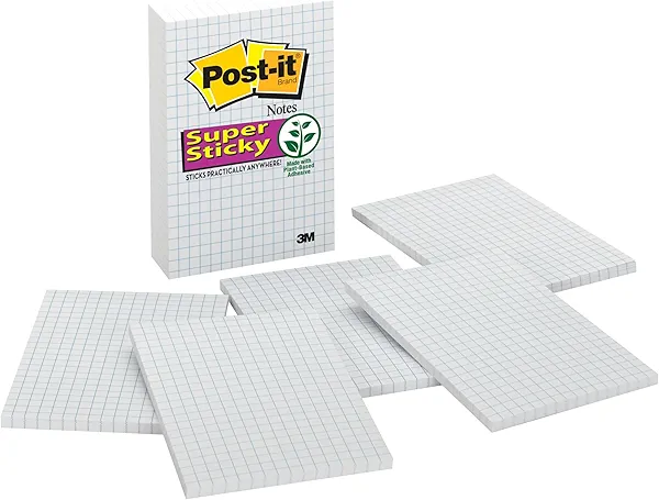 Post-it Super Sticky Notes, 4x6 in, 3 Pads, 2X The Sticking Power, White with Blue Grid Lines, Recyclable (660-SSGRID)