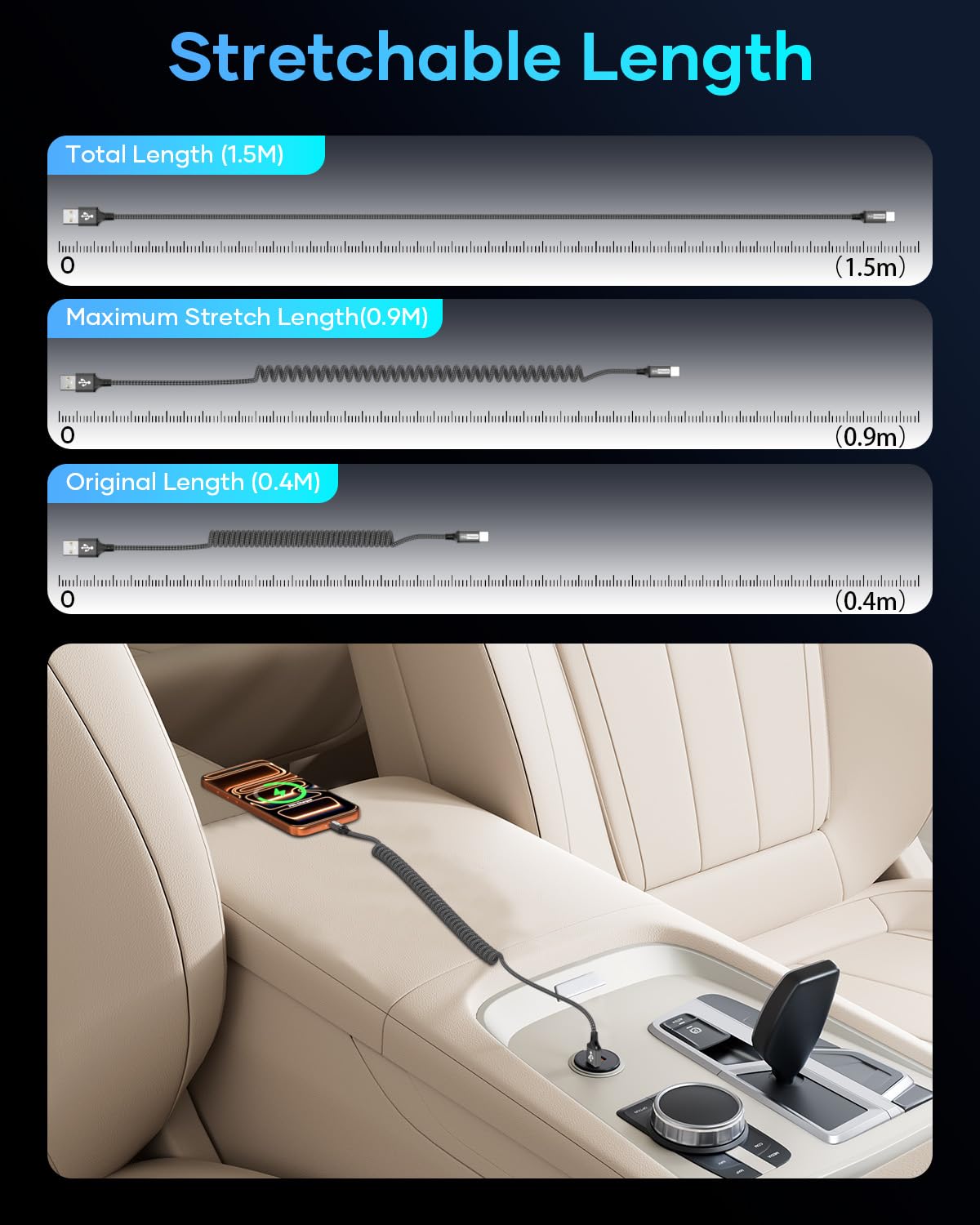 Zestiq Cavo USB C Spirale, 【0.4M-0.9M】 Cavo Retrattile USB Tipo C per Carplay, Cavo di Ricarica USB A a Tipo C Android Auto Compatibile con iPhone 17, 16, 15, iPad, Samsung Galaxy, Google Pixel-Nero