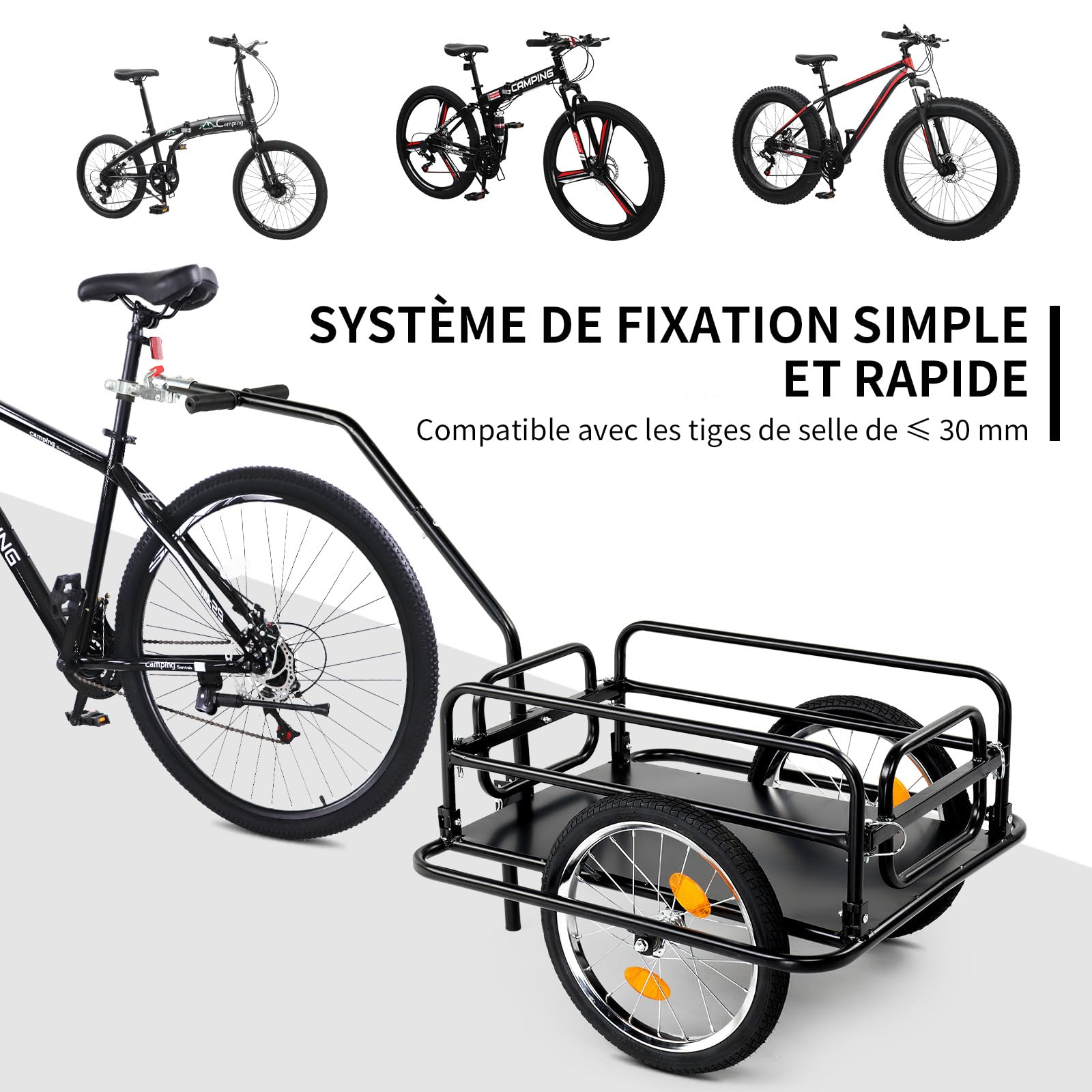 LEADZM Remorque Vélo Pliable, Remorque Cargo avec Attelage Universel, Remorque de Transport avec Pneus Pneumatiques 16 Pouces, Réflecteurs de Sécurité, 60 kg, 155 x 67 x 78 cm
