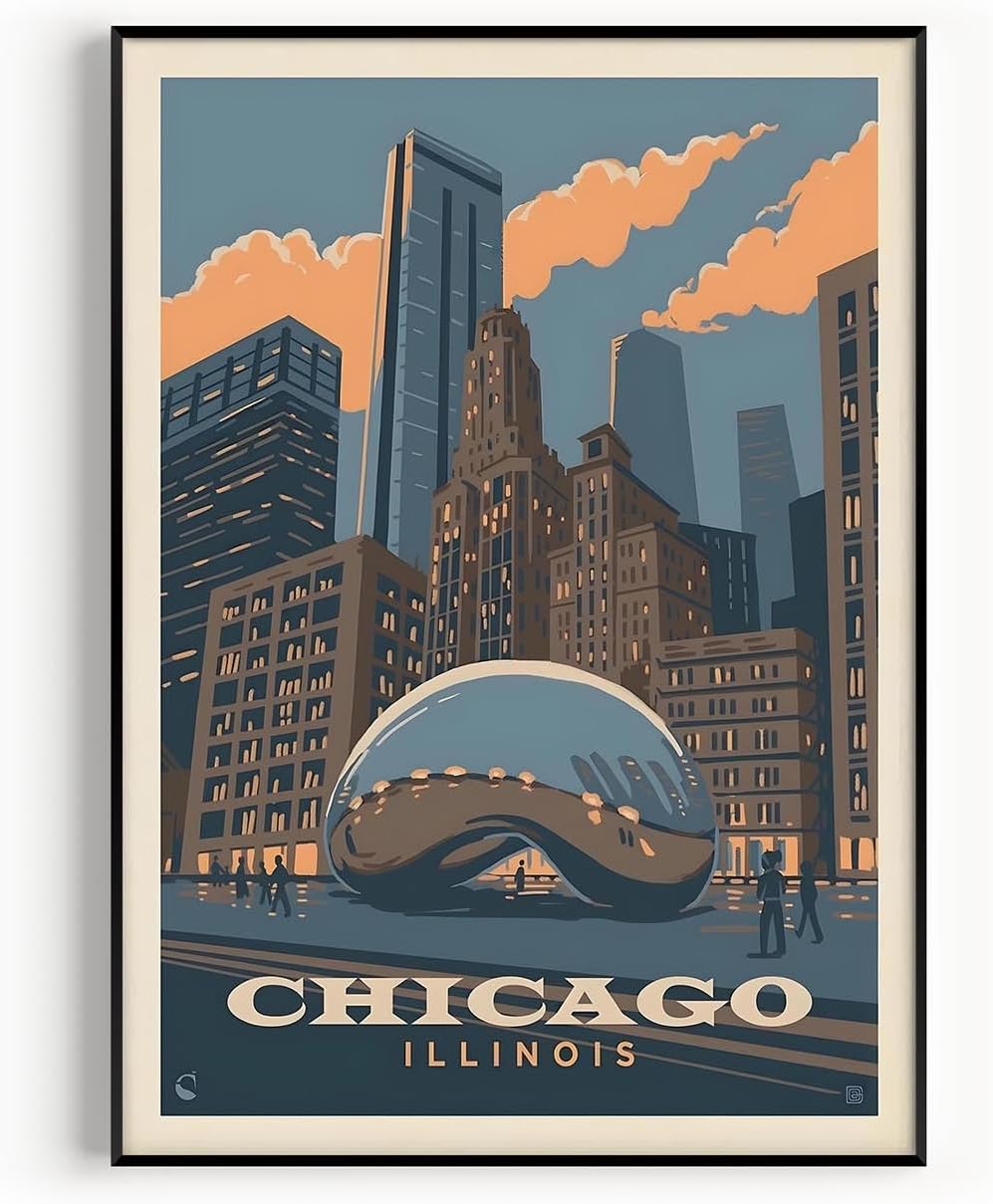 Chicago Vintage Travel Poster, Premium Giclee Fine Art Prints - Modern Aesthetic Wall Art Decoration, Eclectic Trendy Boho Poster Collage Aesthetic Print for Home Decor, Ready to Frame