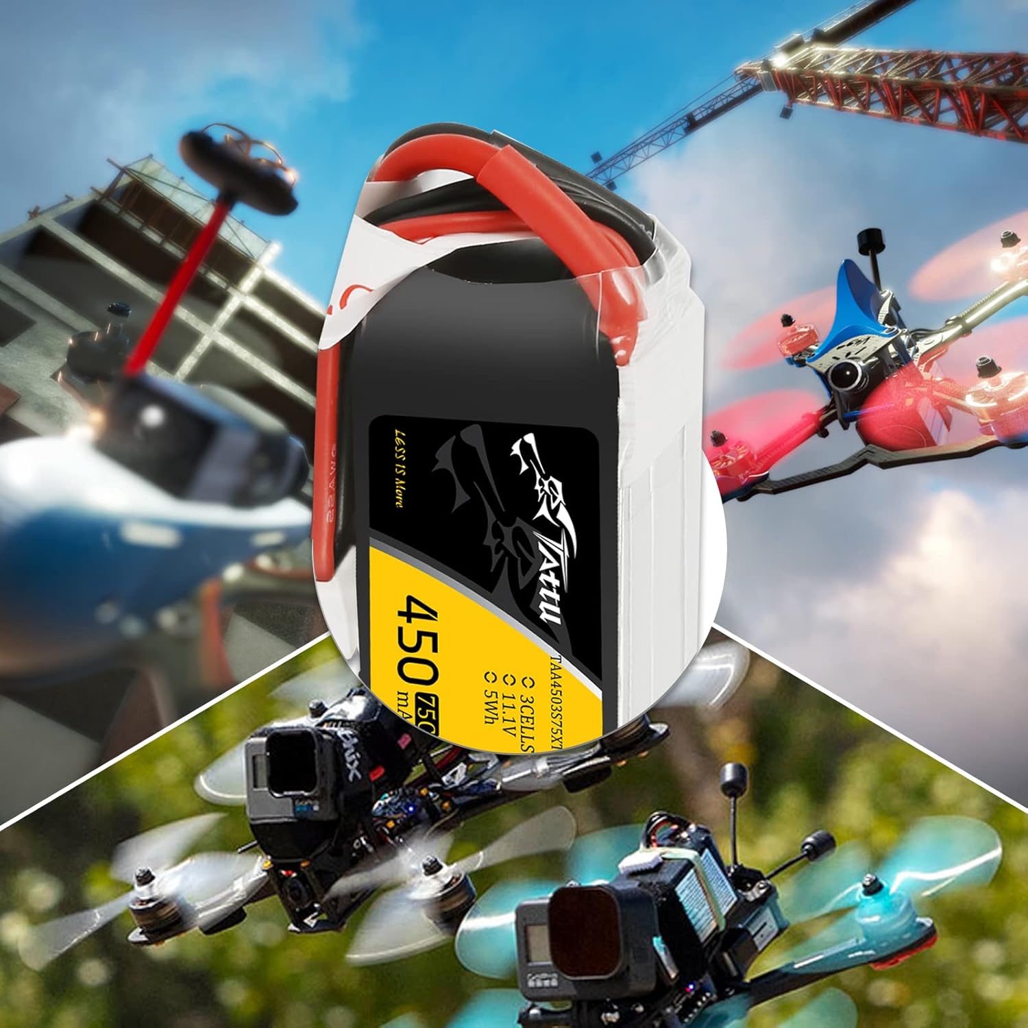 TATTU LiPo battery integrated into an FPV drone setup, ready for flight.