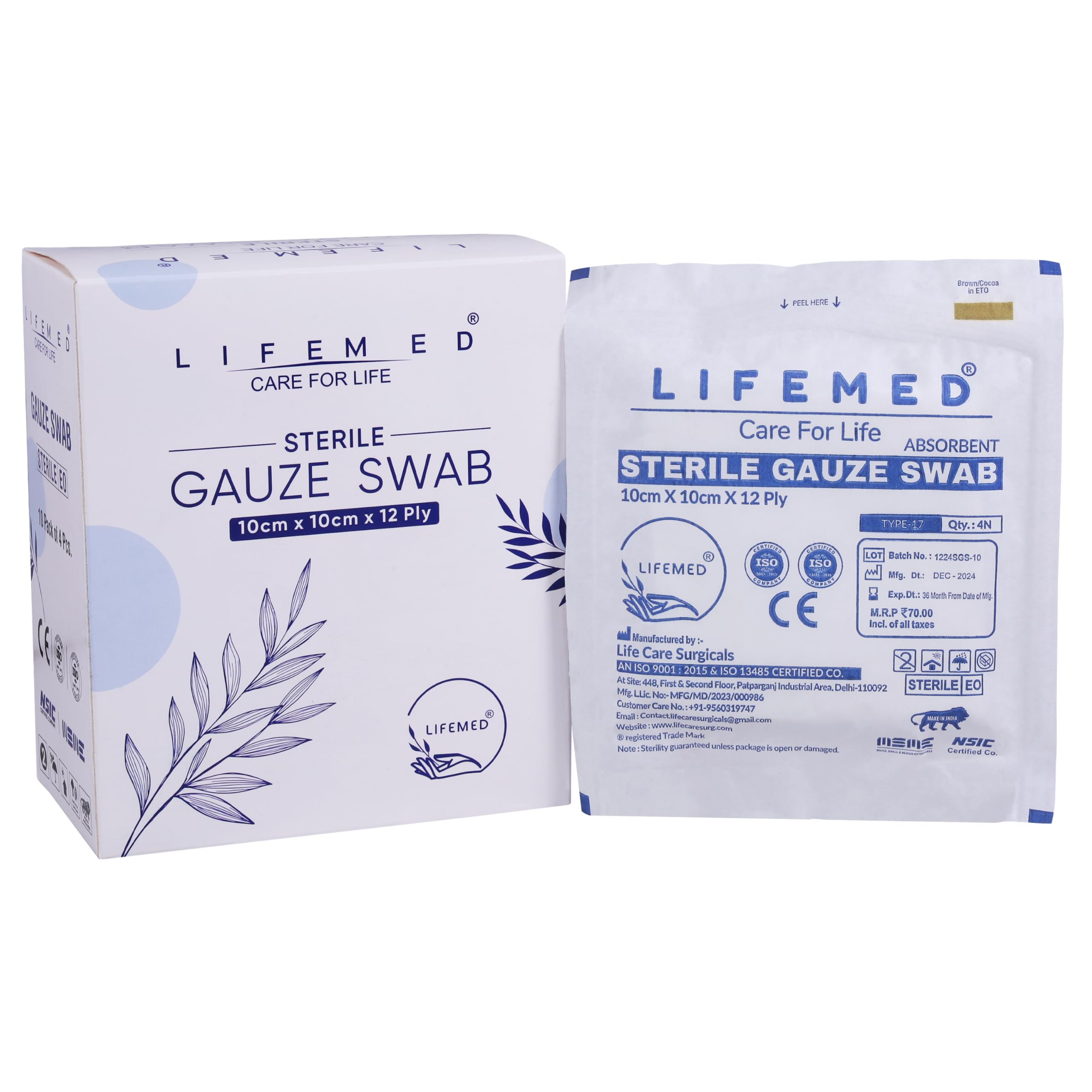 LifeMed Sterile Gauze Swab 10cm x 10cm x 12Ply Type17 Medical Use & Surgical (Box of 10 Pouches)
