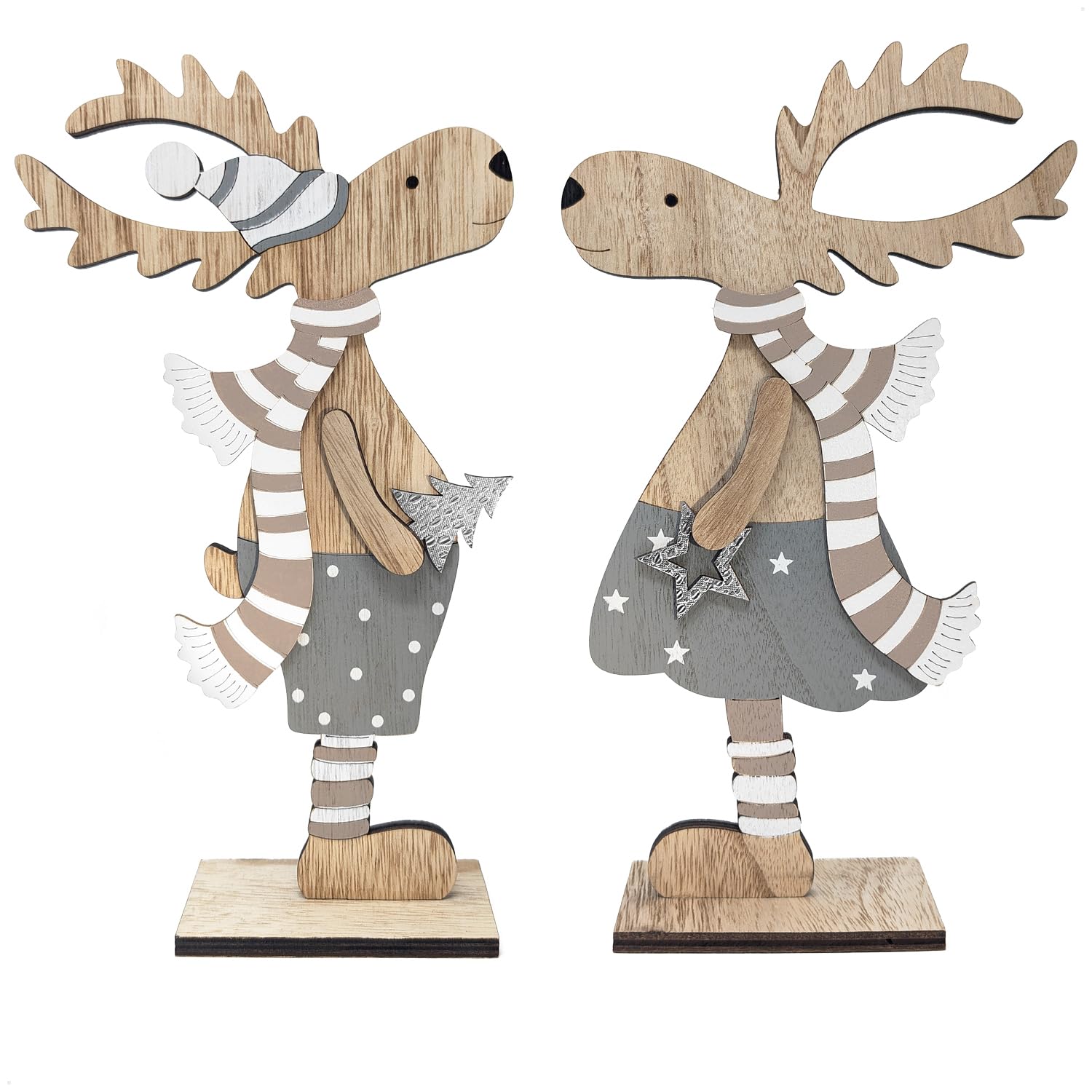 com-four® 2x decorative displays for Christmas - reindeer made of wood to put down - Christmas displays to decorate and give away (XXL reindeer - blue + silver)