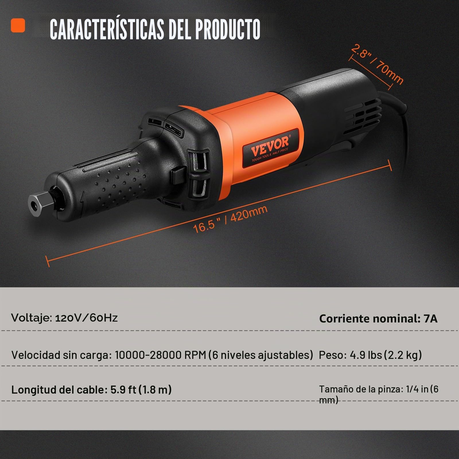 VEVOR Amoladora de Troquel Eléctrica 820W Amoladora Recta 7000-30000rpm Amoladora de Troquel Neumática 6 Velocidades con Cable de 1,8m Pinza 3mm y 6mm Funcionamiento Silencioso para Lijar Pulir Cortar