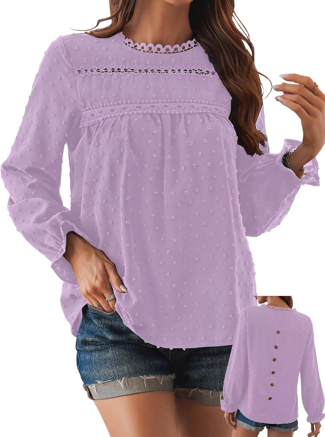 Womens Boho Tops Long Sleeve Shirts For Women Cute Crewneck Blouse Dressy Casual Sw...